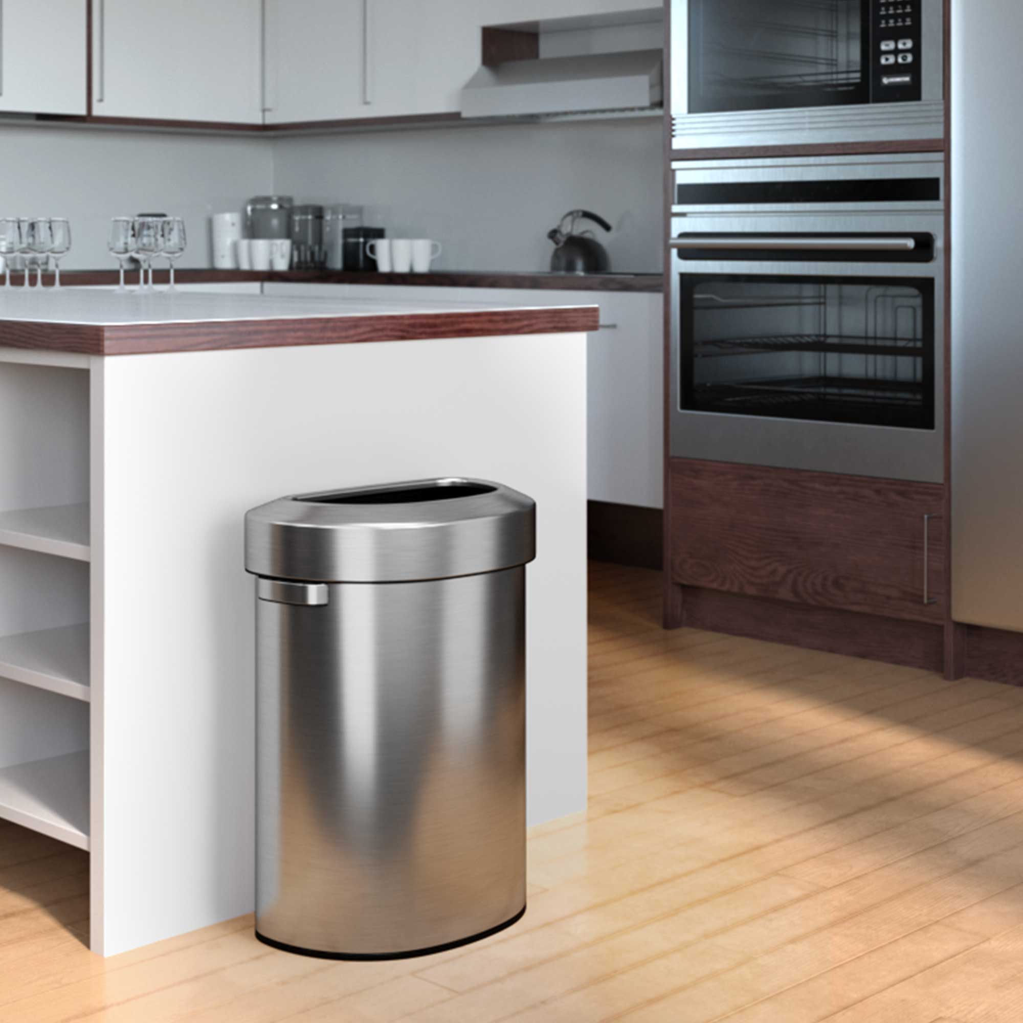 Angle. iTouchless - 18 Gallon Stainless Steel Semi-Round Open Top Kitchen Trash Can - Silver.