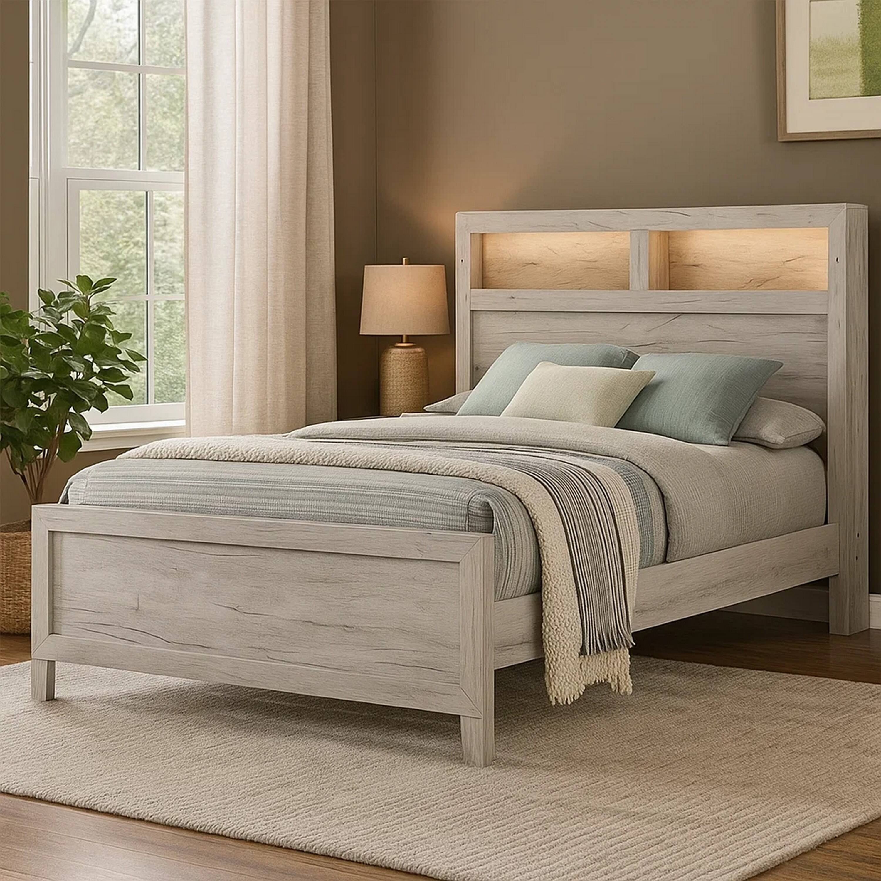 Alt View 5. Manhattan Lane - Miot Queen Size Bed w Headboard Shelves, Weathered White Wash Tone - White Wash.
