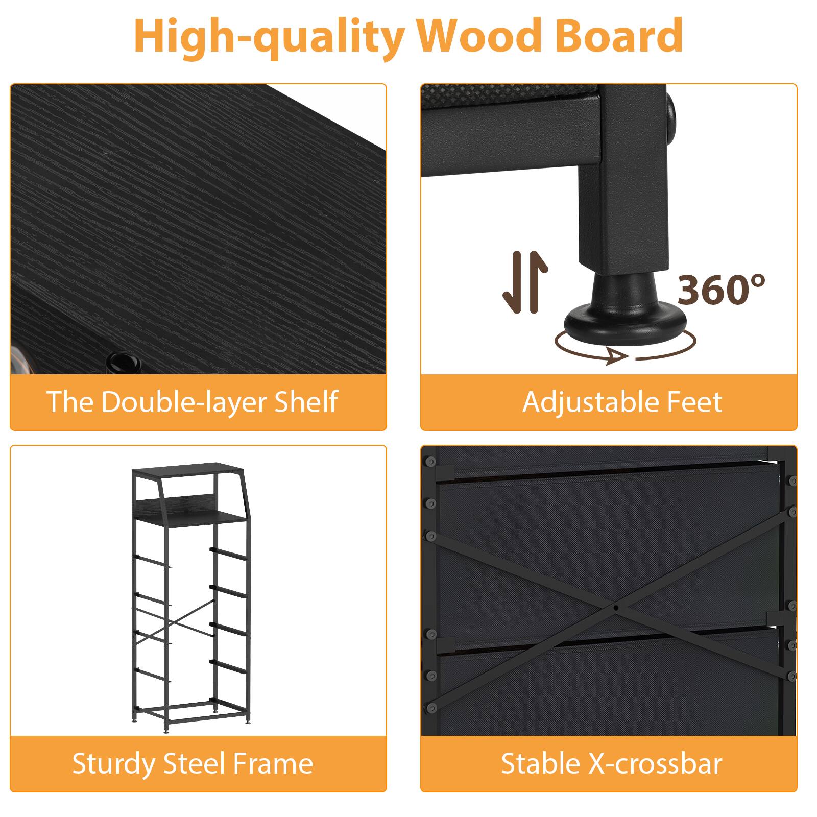 High-quality Wood Board

The Double-layer Shelf

Adjustable Feet

Sturdy Steel Frame

Stable X-crossbar