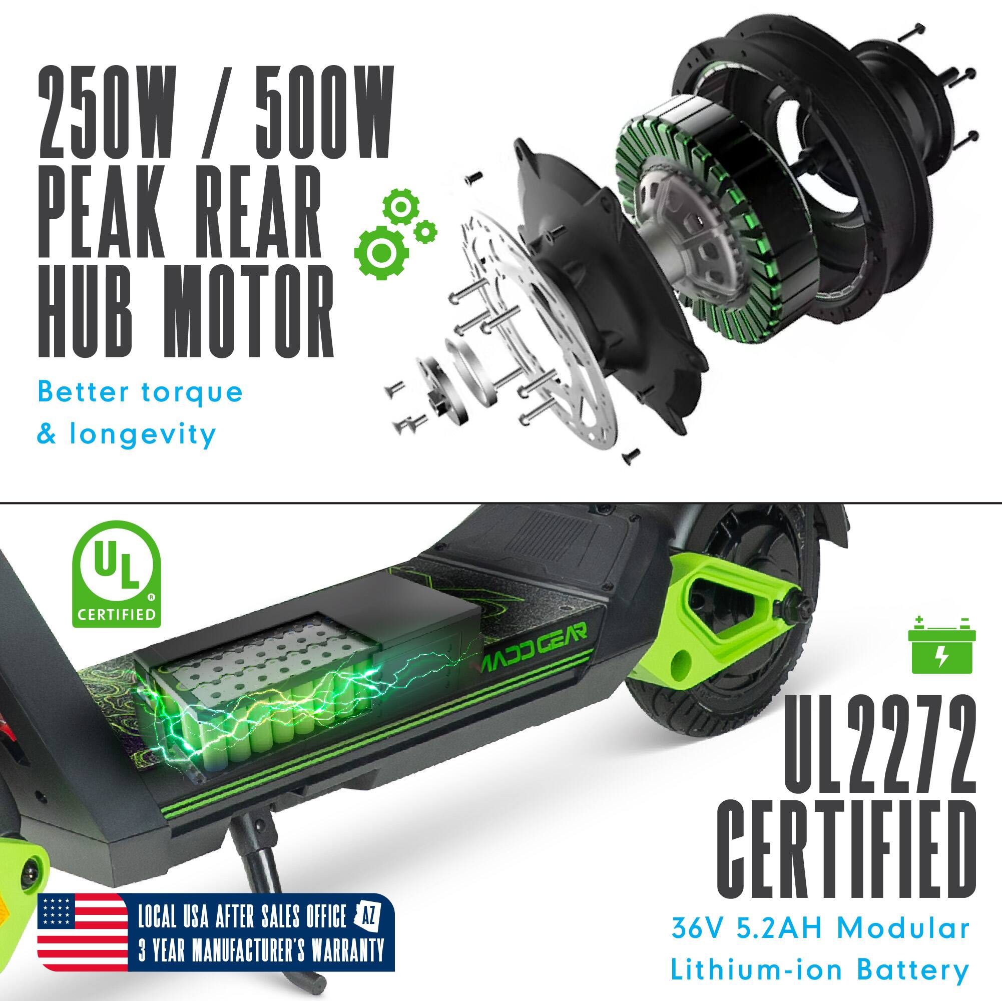 250W / 500W PEAK REAR HUB MOTOR  
Better torque & longevity  

UL CERTIFIED  

LOCAL USA AFTER SALES OFFICE AZ  
3 YEAR MANUFACTURER'S WARRANTY  

UL2272 CERTIFIED  
36V 5.2AH Modular Lithium-ion Battery