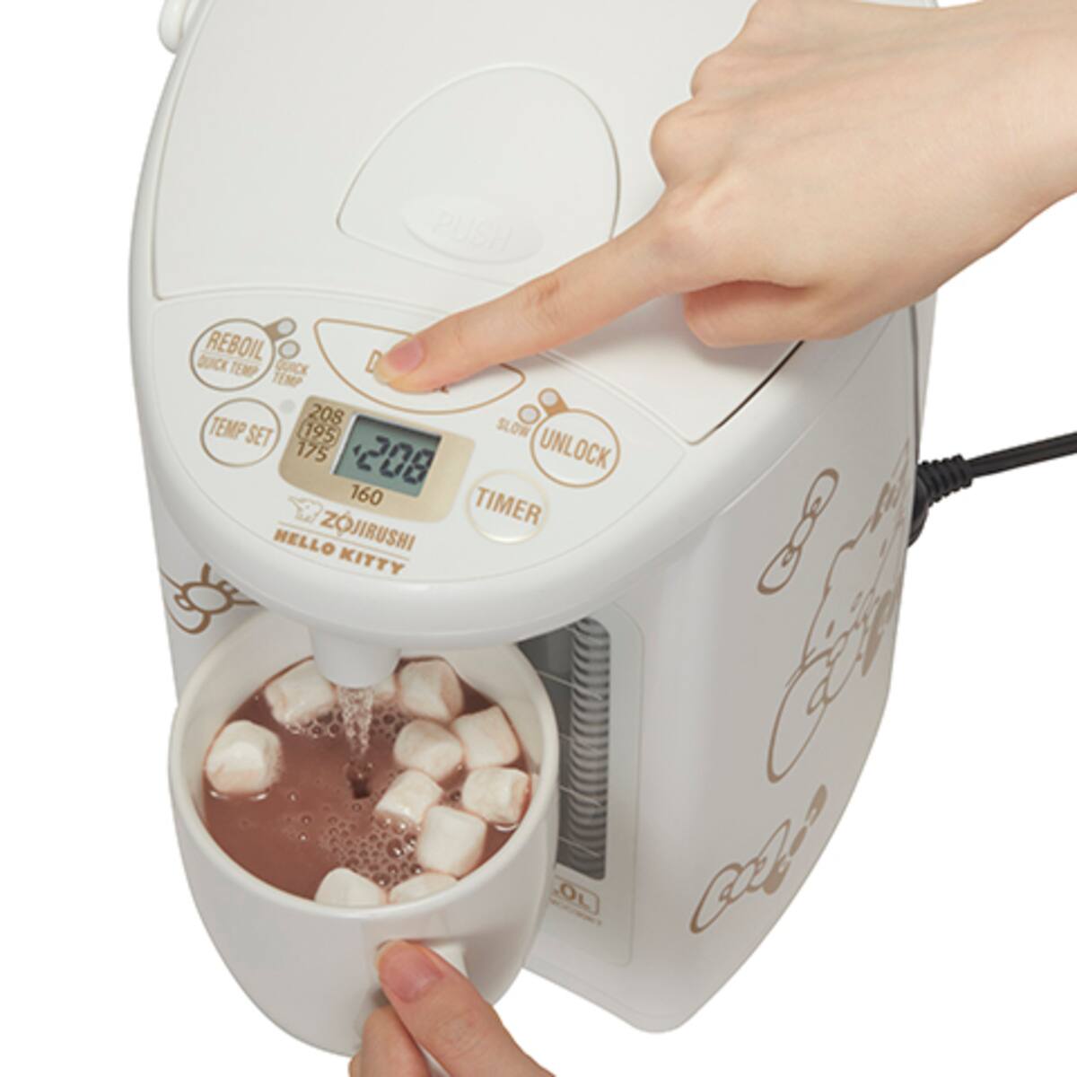 PUSH REBOIL QUICK TEMP TEMP SET 195 208 SLOW 175 UNLOCK 160 TIMER HELLO KITTY ZOJIRUSHI