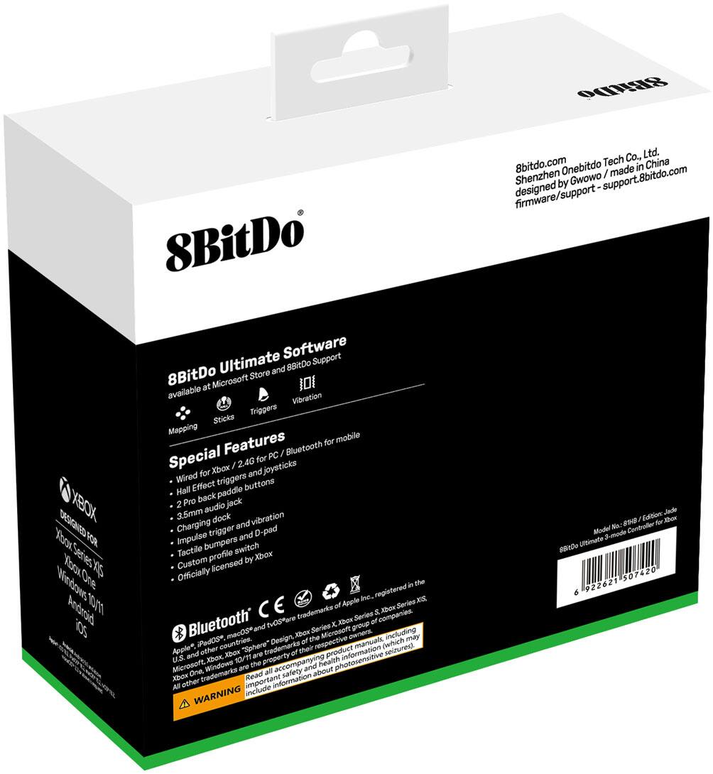 SBITDO  
8BitDo Co., Ltd.  
8bitdo.com  
Shenzhen Onebitdo Tech Co., Ltd.  
designed by Gwowo / made in China  
firmware/support – support.8bitdo.com  

8BitDo Ultimate Software  
available at Microsoft Store and 8BitDo Support  

Special Features  
- Wired for Xbox / 2.4G for PC / Bluetooth for mobile  
- Hall Effect triggers and D-pad  
- 2 Pro back raddle buttons  
- 3.5mm audio dock  
- Pro audio jack  
- Charging dock vibration  
- Impulse trigger and D-pad  
- Charging dock vibration  
- Tactile bumpers and D-pad  
- Custom profile switch  
- Officially licensed by Xbox  

Model No: 8BH1 / Edition: Jade  

Bluetooth and Xbox Series X/S Trademarks:  
Apple, iOS, macOS, iPadOS, Sphere, Xbox, Xbox Series X/S, Xbox One, Windows 10/11 are trademarks of their respective owners.  
Microsoft, Xbox, Xbox Series X/S, Xbox One, Windows 10/11 are trademarks of Microsoft Corporation.  
All other trademarks are the property of their respective owners.  
This product