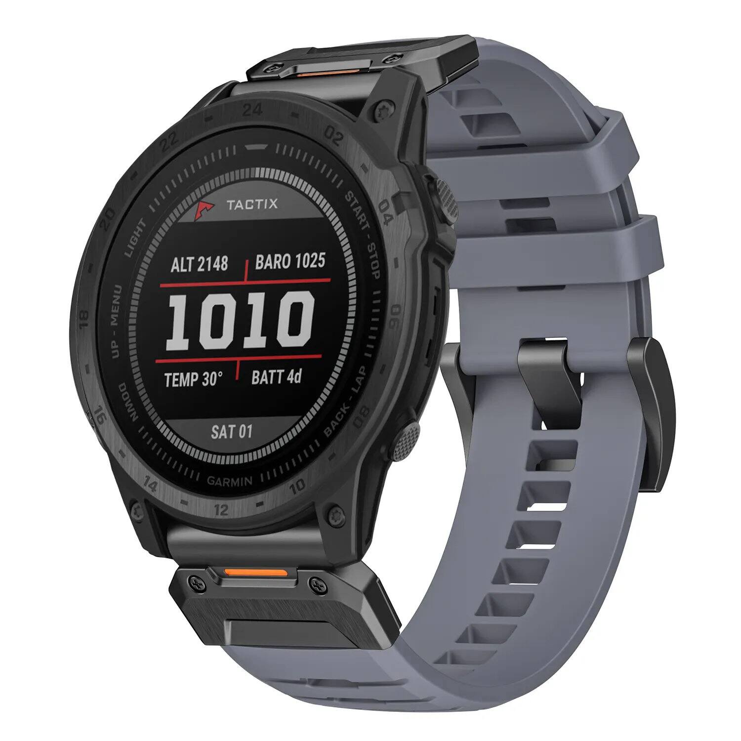 24 22 02 TACTIX START 20 04 LIGHT ALT 2148 BARO 1025 STOP 18 MENU 1010 UP TEMP 30 BATT 4d LAP 16 DOWN BACK 80 SAT 01 GARMIN