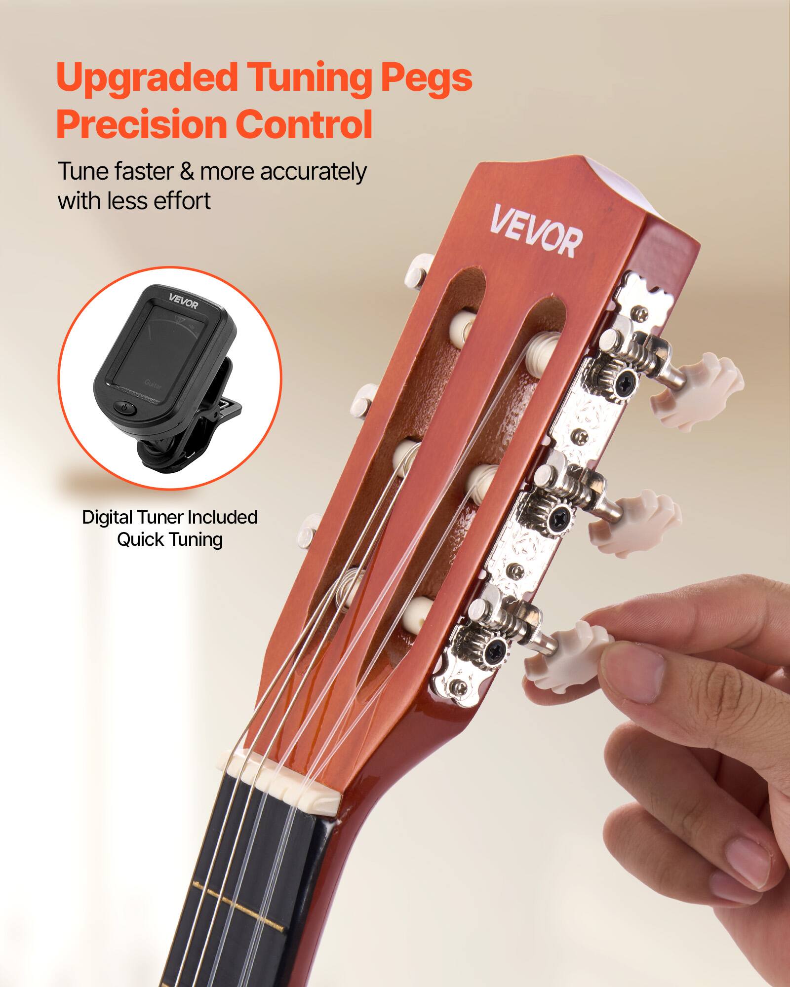 Upgraded Tuning Pegs  
Precision Control  
Tune faster & more accurately with less effort  

VEVOR  

Digital Tuner Included  
Quick Tuning
