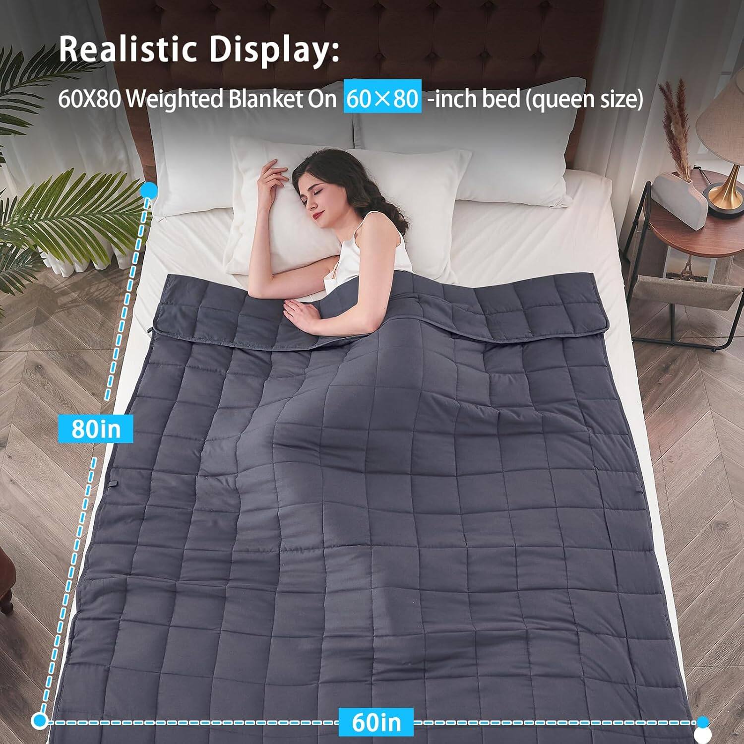 Realistic Display:  
60X80 Weighted Blanket On 60X80-inch bed (queen size)  
80in  
60in