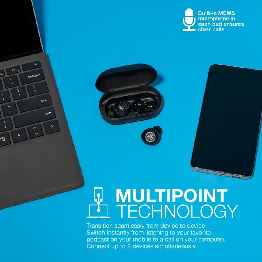 Built-in MEMS microphone in each bud ensures clear calls. Transition seamlessly from device to device. Switch instantly from listening to your favorite podcast on your mobile to a call on your computer. Connect up to 2 devices simultaneously.