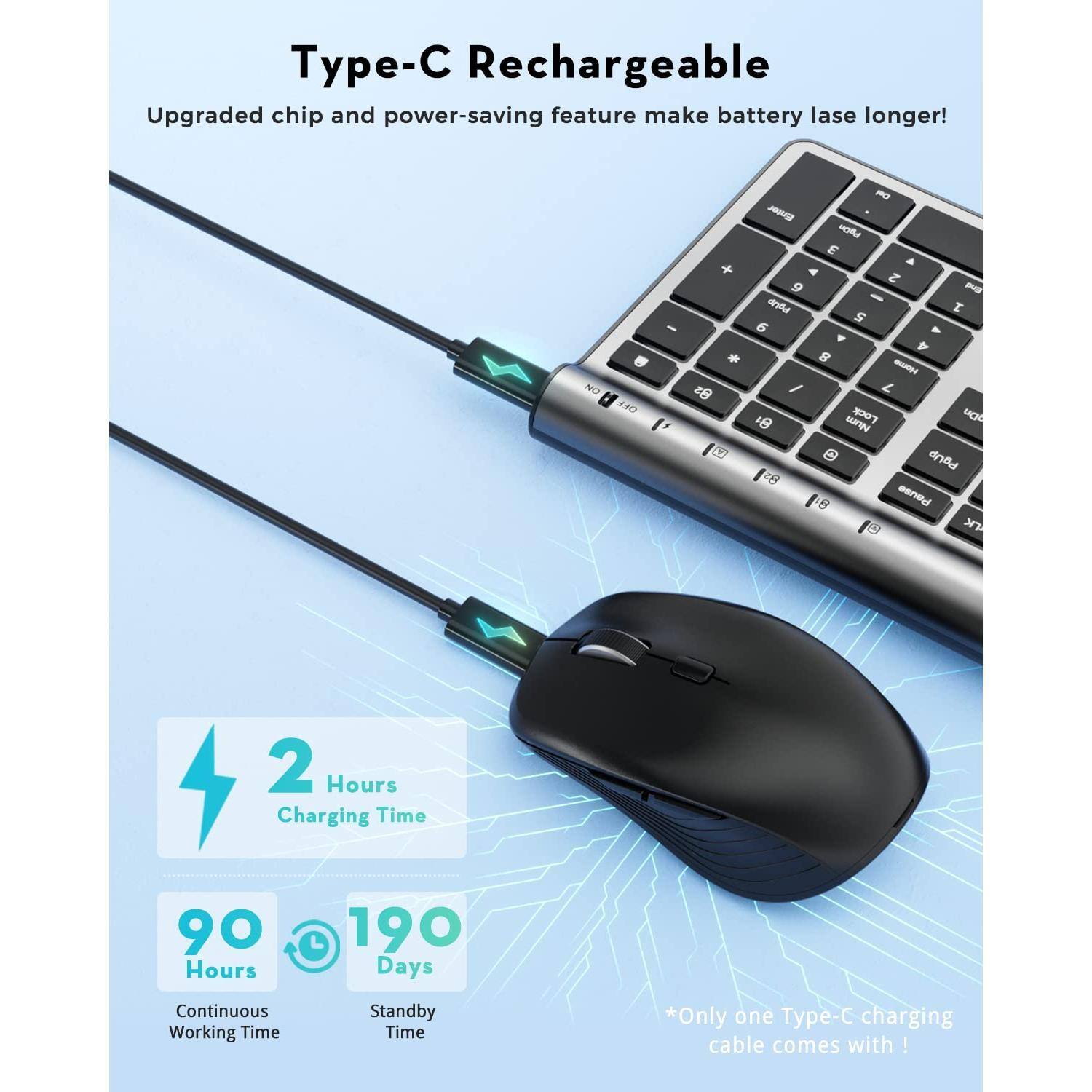 Type-C Rechargeable  
Upgraded chip and power-saving feature make battery last longer!  

2 Hours Charging Time  
90 Hours Continuous Working Time  
190 Days Standby Time  

*Only one Type-C charging cable comes with!