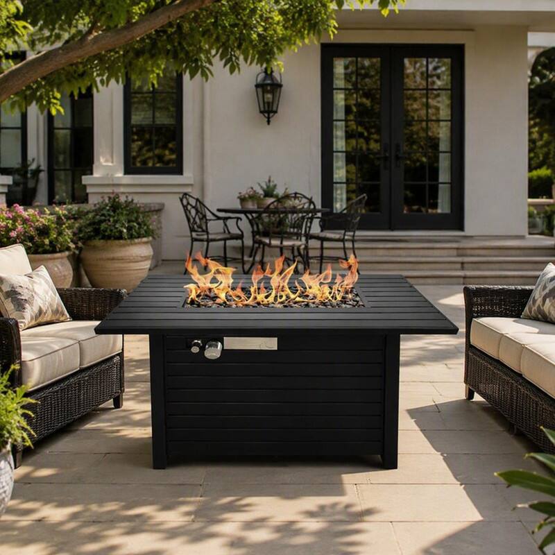 Angle. RYHNUYNE - 42"W x 25" H Black Steel Outdoor Fire Pit Table with Lid, Rectangular Patio Firepit for Backyard & Deck - Black.