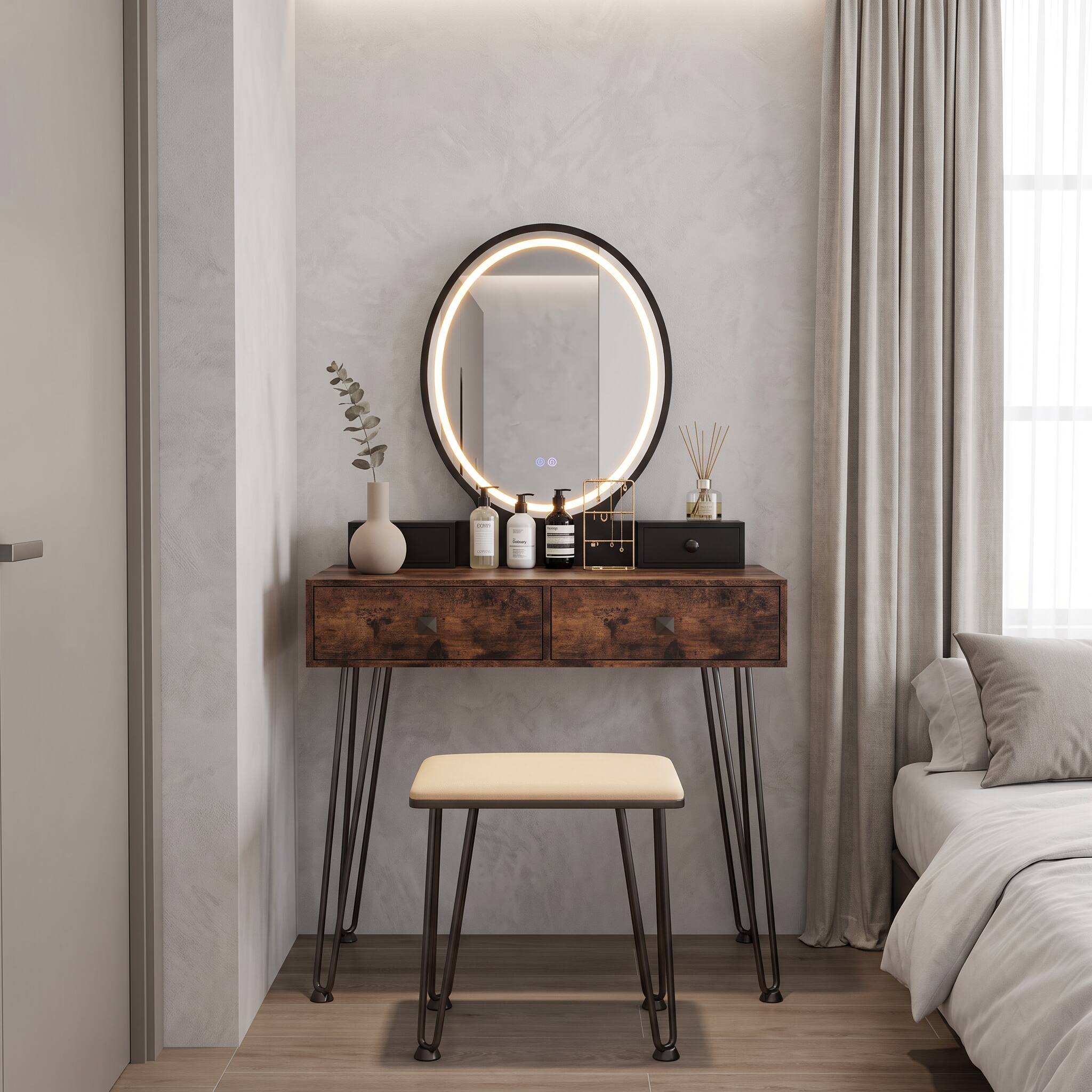 Angle. WELLFOR - Makeup Vanity Desk with Oval 3‑Color Lighted Mirror,Charging Station, 4 Drawers and Velvet Padded Stool for Bedroom - Brown.