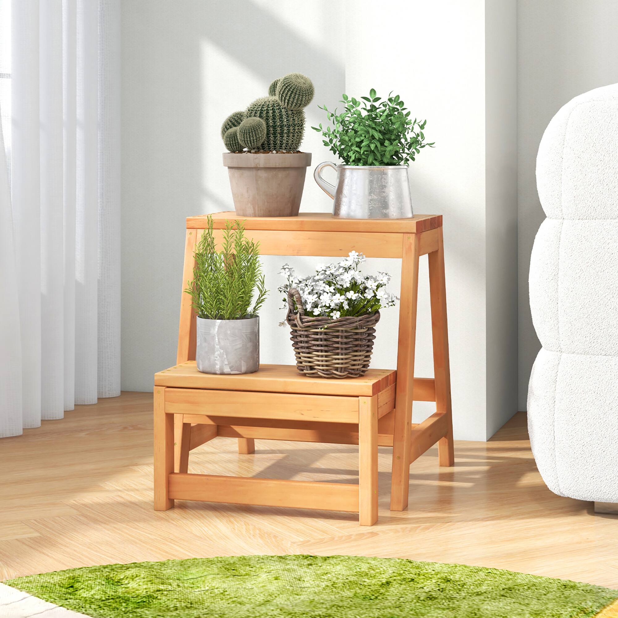 Alt View 1. Gymax - Gymax 2-Tier Folding Plant Stand Portable & Foldable Wooden Flowerpot Shelf for Garden - Natural.