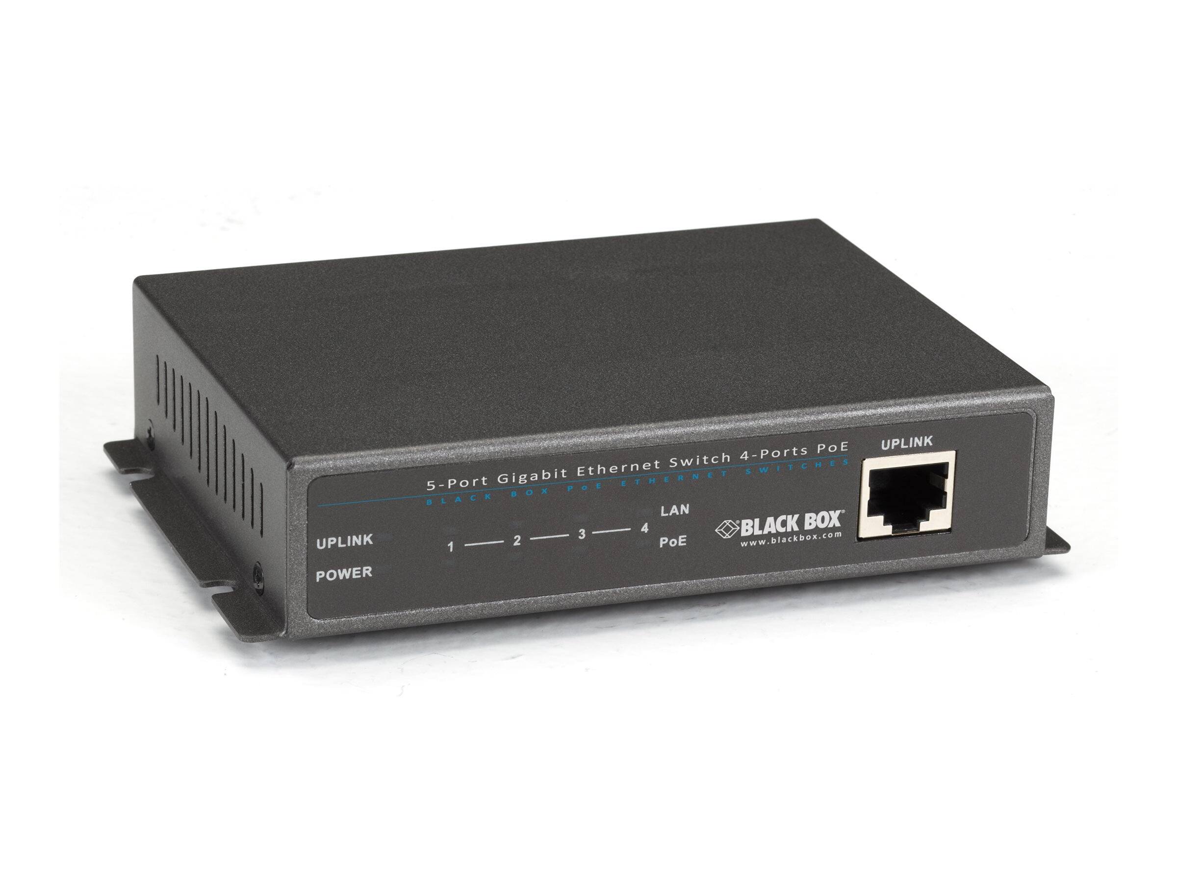 UPLINK POWER  
POE UPLINK Switch 4-Ports Ethernet SWITCHES 5-Port Gigabit ETHERNET POE BOX BLACK LAN 4 BLACK BOX 3 www.blackbox.com 2 PoE 1