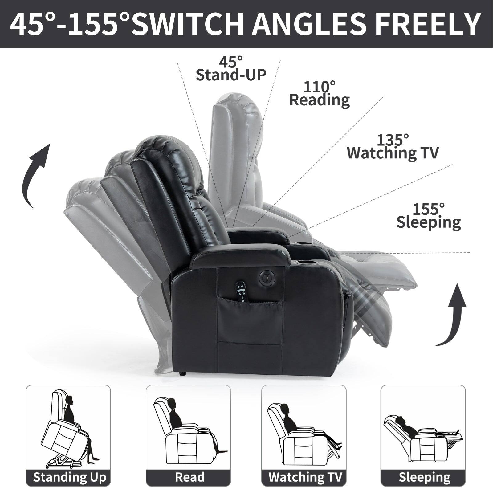 45-155 Switch Angles Freely 45 Stand-Up 110 Reading 135 Watching TV 155 Sleeping