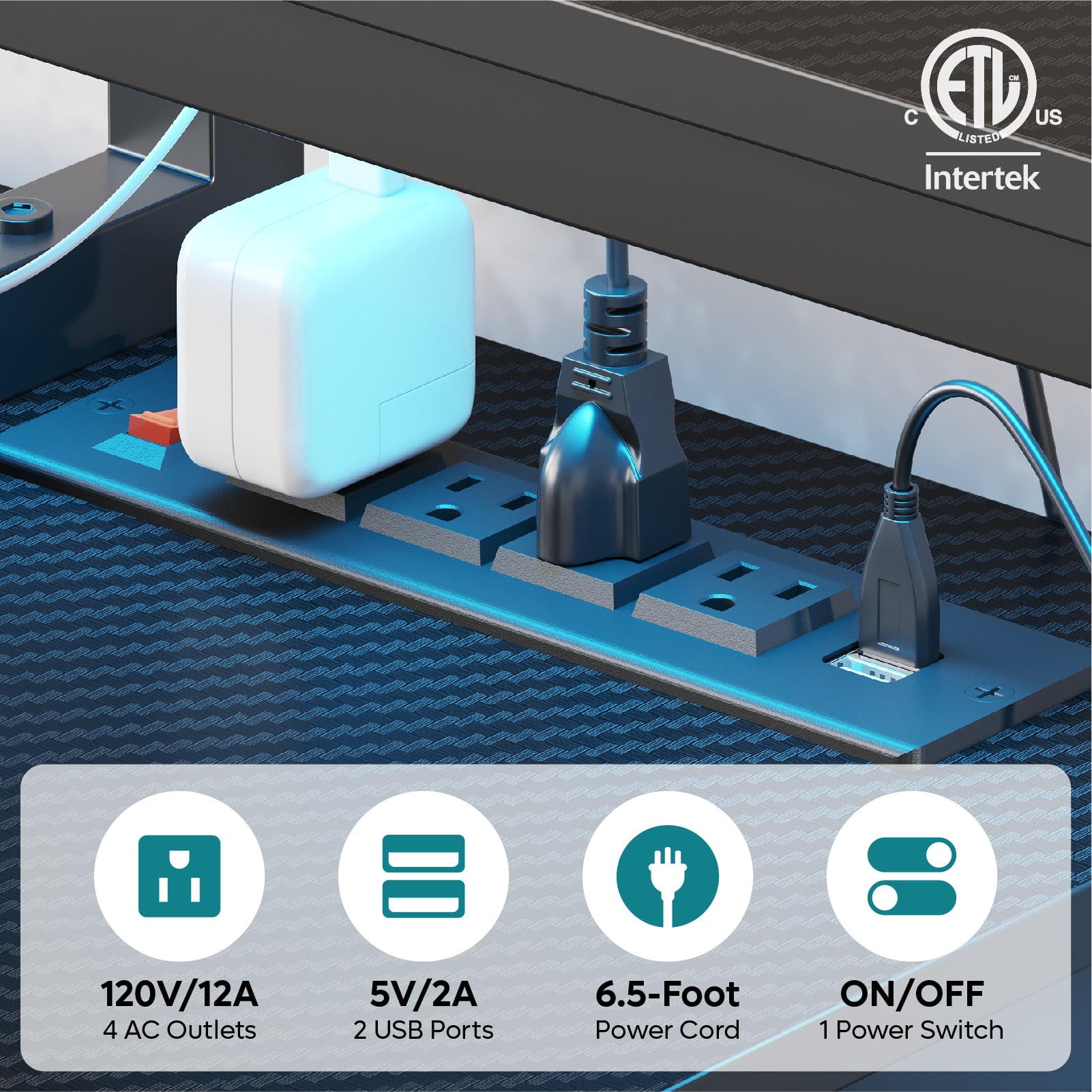 The text on the image is grouped and corrected as follows:
"Intertek 2E2S 120V/12A 4 AC Outlets 5V/2A 2 USB Ports 6.5-Foot Power Cord ON/OFF 1 Power Switch."