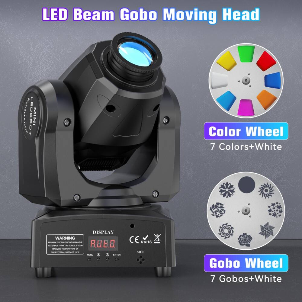 LED Beam Gobo Moving Head

- LEDSPOT MINI
- Color Wheel: 7 Colors + White
- Gobo Wheel: 7 Gobos + White

DISPLAY: 8.0.8.0.

WARNING: MINIMUM DISTANCE OF 1M FROM LAMPABLE SURFACE. MAXIMUM TEMPERATURE OF THE EXTERNAL SURFACE 120°C.

CE RoHS MIC

LIOMALLS