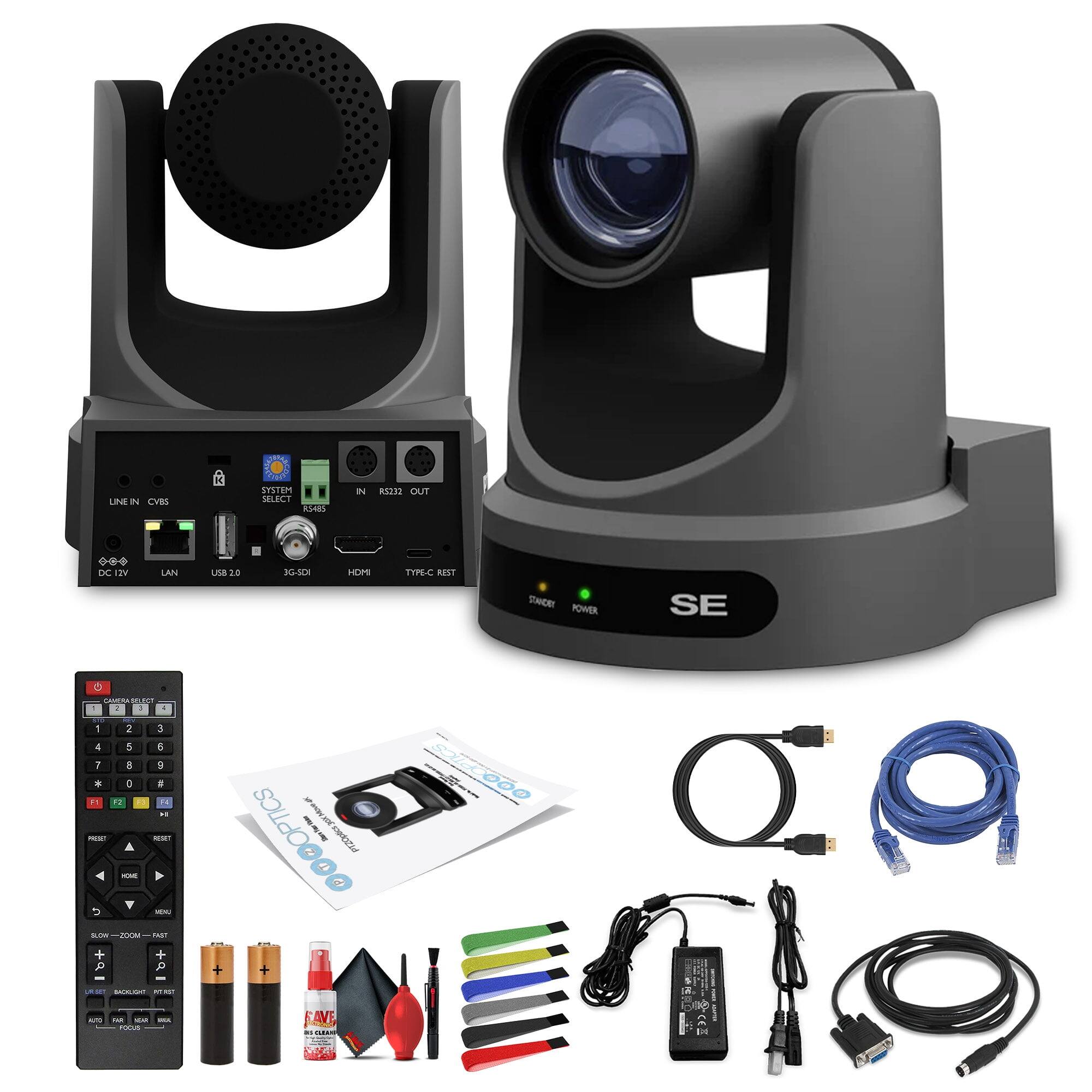 Sure, here is the corrected and grouped text from the image:

**Main Unit:**
- LINE IN CVBS
- SYSTEM SELECT F5489
- IN R322 OUT
- DC 12V
- LAN
- USB 2.0
- 3G-SDI
- HDMI
- TYPE-C
- RESET

**Camera:**
- SE

**Remote Control:**
- HOME
- MENU
- SLOW
- ZOOM
- FOCUS
- POWER
- RESET
- PRESET
- 1 2 3 4 5 6 7 8 9 0
- F1 F2 F3 F4
- UP DOWN LEFT RIGHT
- AUTO FOCUS
- AUTO WHITE BALANCE
- AUTO EXPOSURE
- AUTO IRIS
- IR CUT

**Accessories:**
- SOLIDOO
- SE
- DC 12V
- USB 2.0
- HDMI
- VGA
- RCA
- SDI
- TYPE-C
- USB
- LAN
- CABLES (various lengths and types)

**Other Items:**
- Cleaning tools (brush, cloth, etc.)
