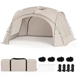 Gymax - 13.3 ft x 13.3 ft Beach Tent w/4 Removable Zippered Sidewalls for 12-15 People - Beige
