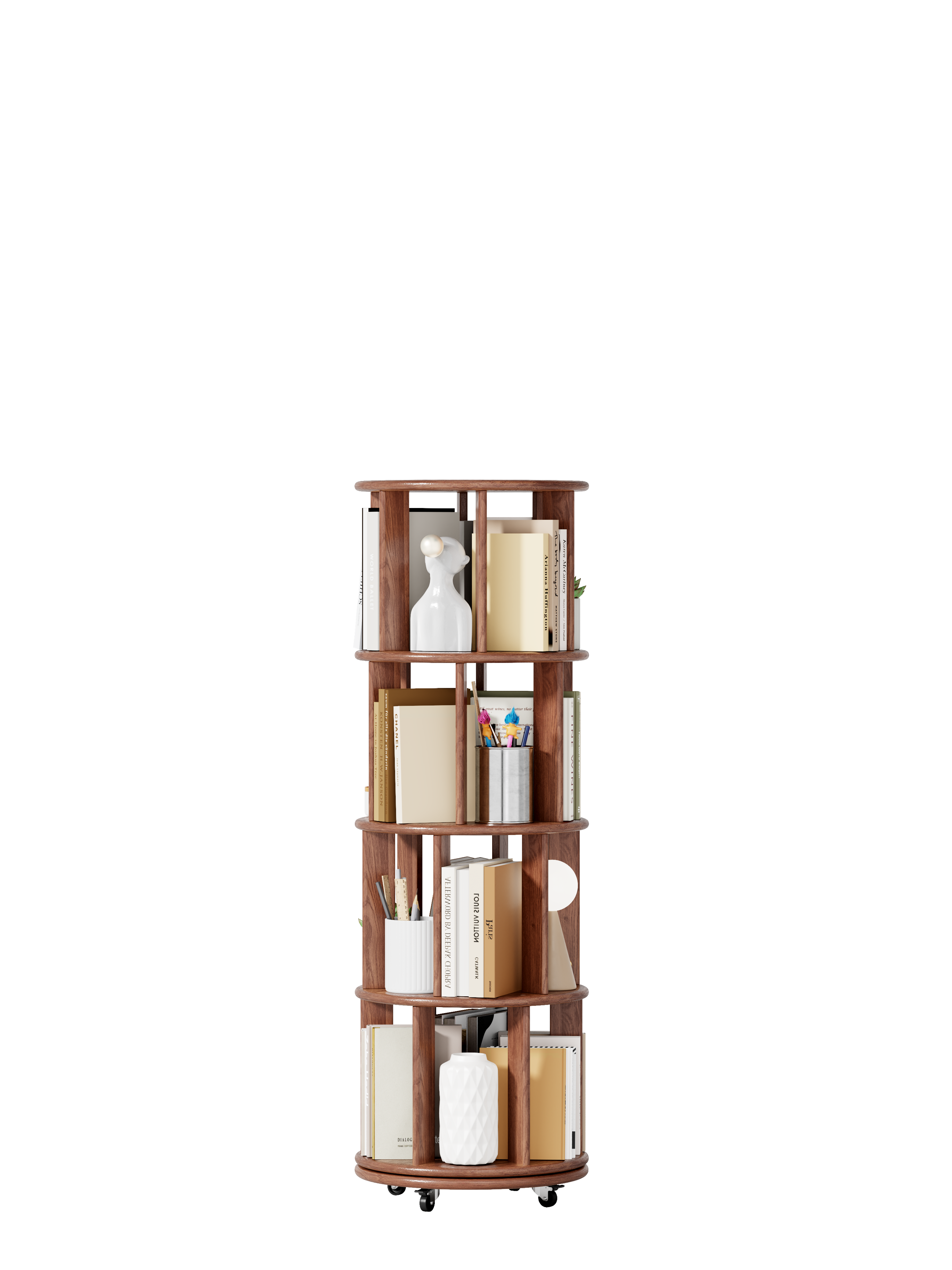 TinyHomie - 100 percent Solid Wood Rotating Bookshelf on Wheels 4 Tier Round Revolving Bookcase 360° Spinning Book Shelf Tower - Walnut
