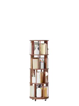TinyHomie - 100 percent Solid Wood Rotating Bookshelf on Wheels 4 Tier Round Revolving Bookcase 360° Spinning Book Shelf Tower - Walnut