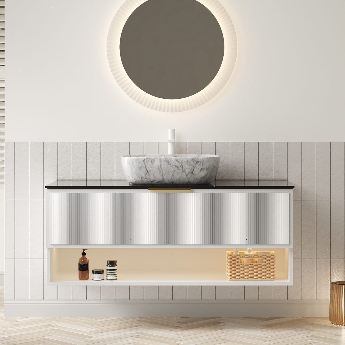 APRILSOUL - 48 inch Floating Bathroom Vanity Plywood 2 Drawers Sensor Light Marble Basin White - Black,Stone Gray,White