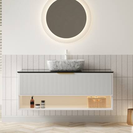 Front. APRILSOUL - 48 inch Floating Bathroom Vanity Plywood 2 Drawers Sensor Light Marble Basin White - Black,Stone Gray,White.