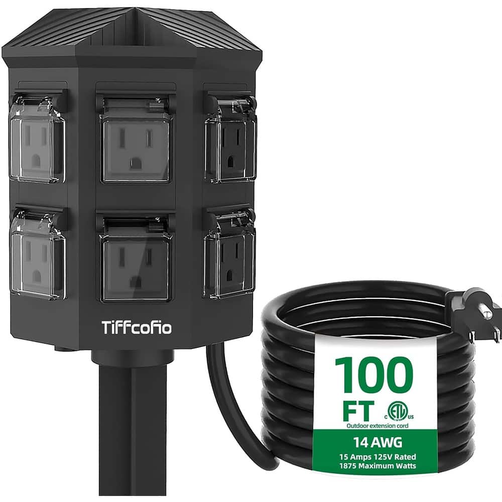 RTMB - Outdoor Power Strip with Stake – 6 Grounded Outlets, 100ft Cord, 15A - Black