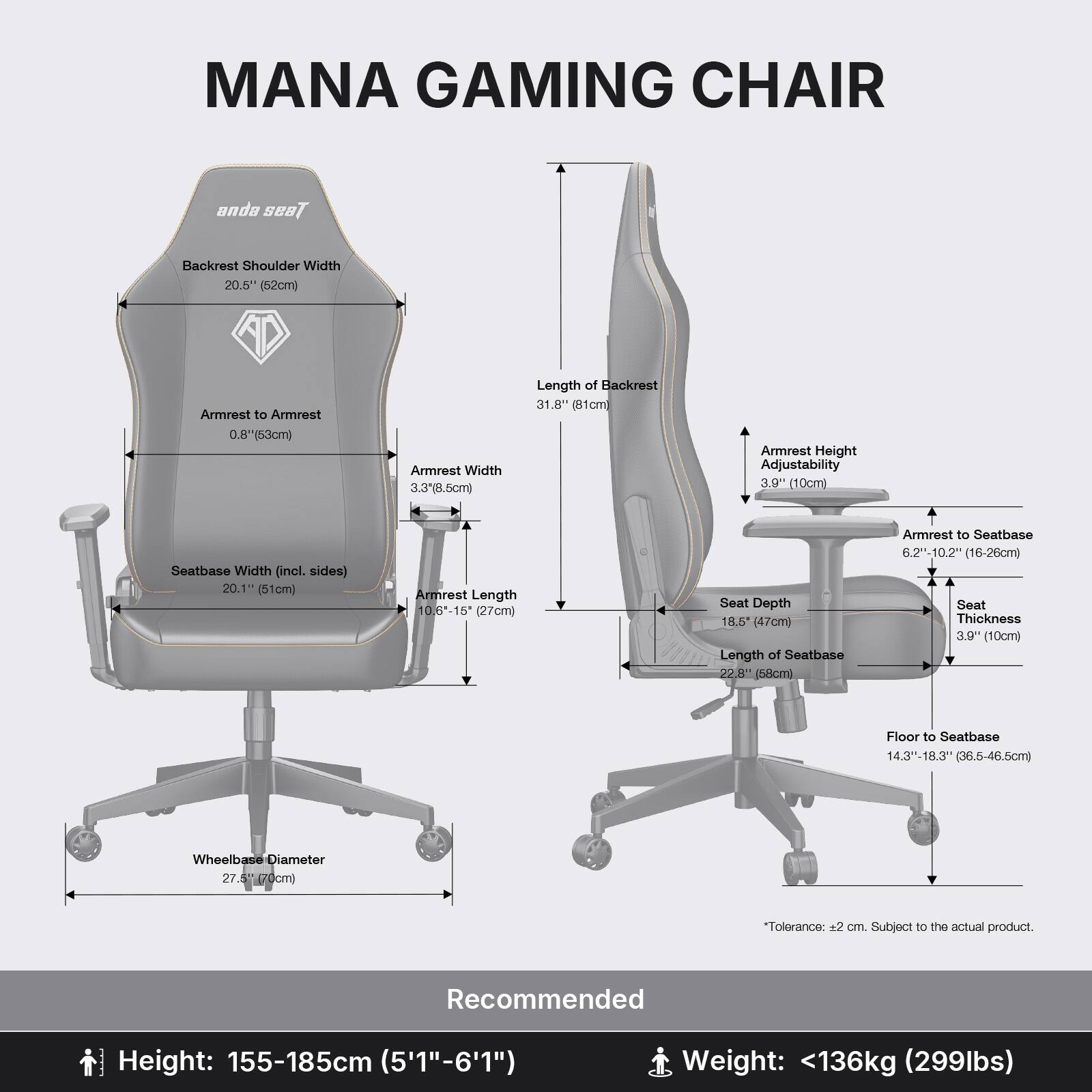 MANA GAMING CHAIR

Backrest Shoulder Width: 20.5" (52cm)  
Armrest to Armrest: 0.8" (53cm)  
Armrest Width: 3.3" (8.6cm)  
Length of Backrest: 31.8" (81cm)  
Armrest Height Adjustability: 3.9" (10cm)  
Seatbase Width (incl. sides): 20.1" (51cm)  
Armrest Length: 10.6"-15" (27cm)  
Seat Depth: 18.5" (47cm)  
Length of Seatbase: 22.8" (58cm)  
Armrest to Seatbase: 6.2"-10.2" (16-26cm)  
Seat Thickness: 3.9" (10cm)  
Floor to Seatbase: 14.3"-18.3" (36.5-46.5cm)  
Wheelbase Diameter: 27.5" (70cm)  

*Tolerance: ±2 cm. Subject to the