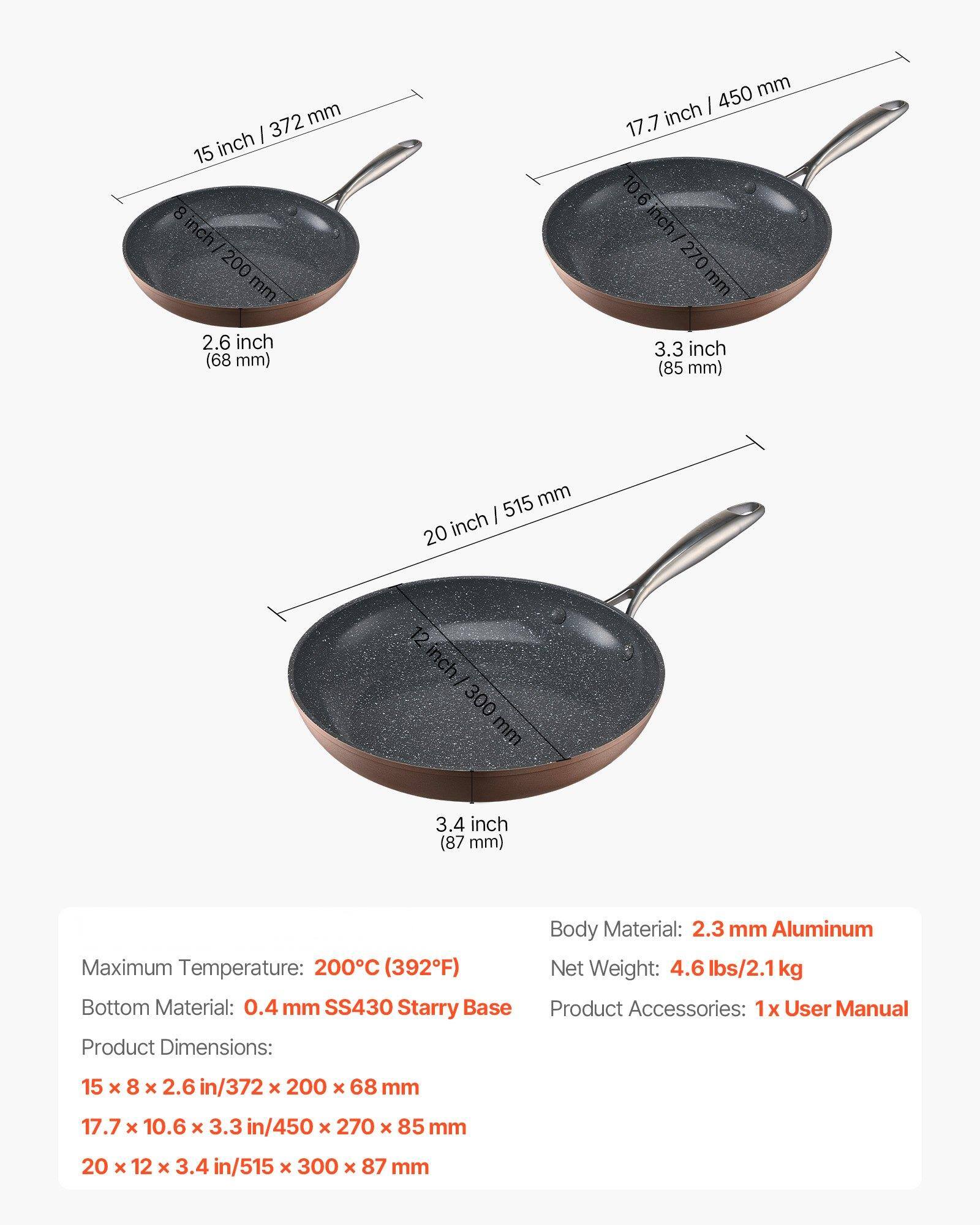 Maximum Temperature: 200°C (392°F)  
Bottom Material: 0.4 mm SS430 Starry Base  
Body Material: 2.3 mm Aluminum  
Net Weight: 4.6 lbs/2.1 kg  
Product Accessories: 1 x User Manual  

Product Dimensions:  
15 x 8 x 2.6 in/372 x 200 x 68 mm  
17.7 x 10.6 x 3.3 in/450 x 270 x 85 mm  
20 x 12 x 3.4 in/515 x 300 x 87 mm