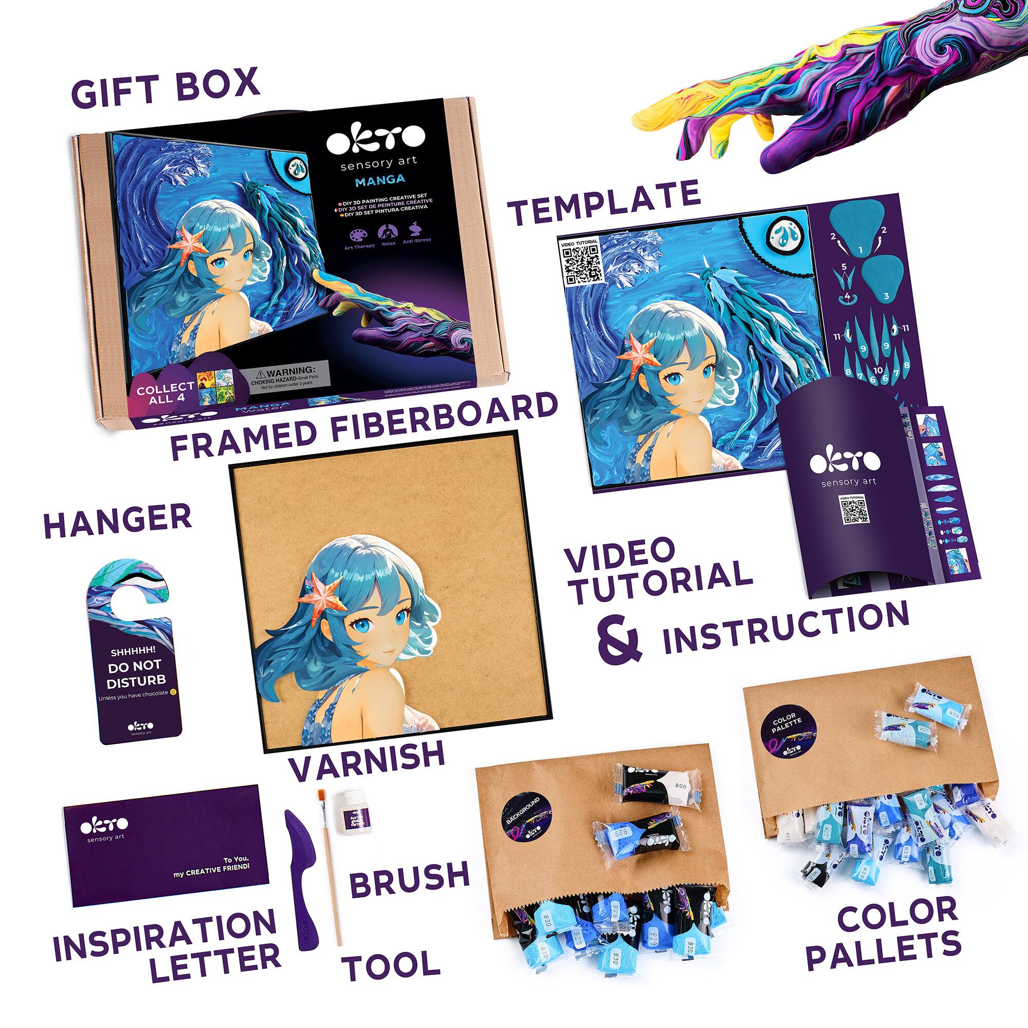 GIFT BOX  
okro art sensory  
MANGA  

TEMPLATE  

FRAMED FIBERBOARD  

HANGER  

VIDEO TUTORIAL & INSTRUCTION  

VARNISH  

BRUSH  

INSPIRATION LETTER  

COLOR PALLETS  

- WARNING: COLLECT ALL 4  
- DO NOT DISTURB  
- SHHHHH!  
- TO YOU, MY CREATIVE FRIEND!