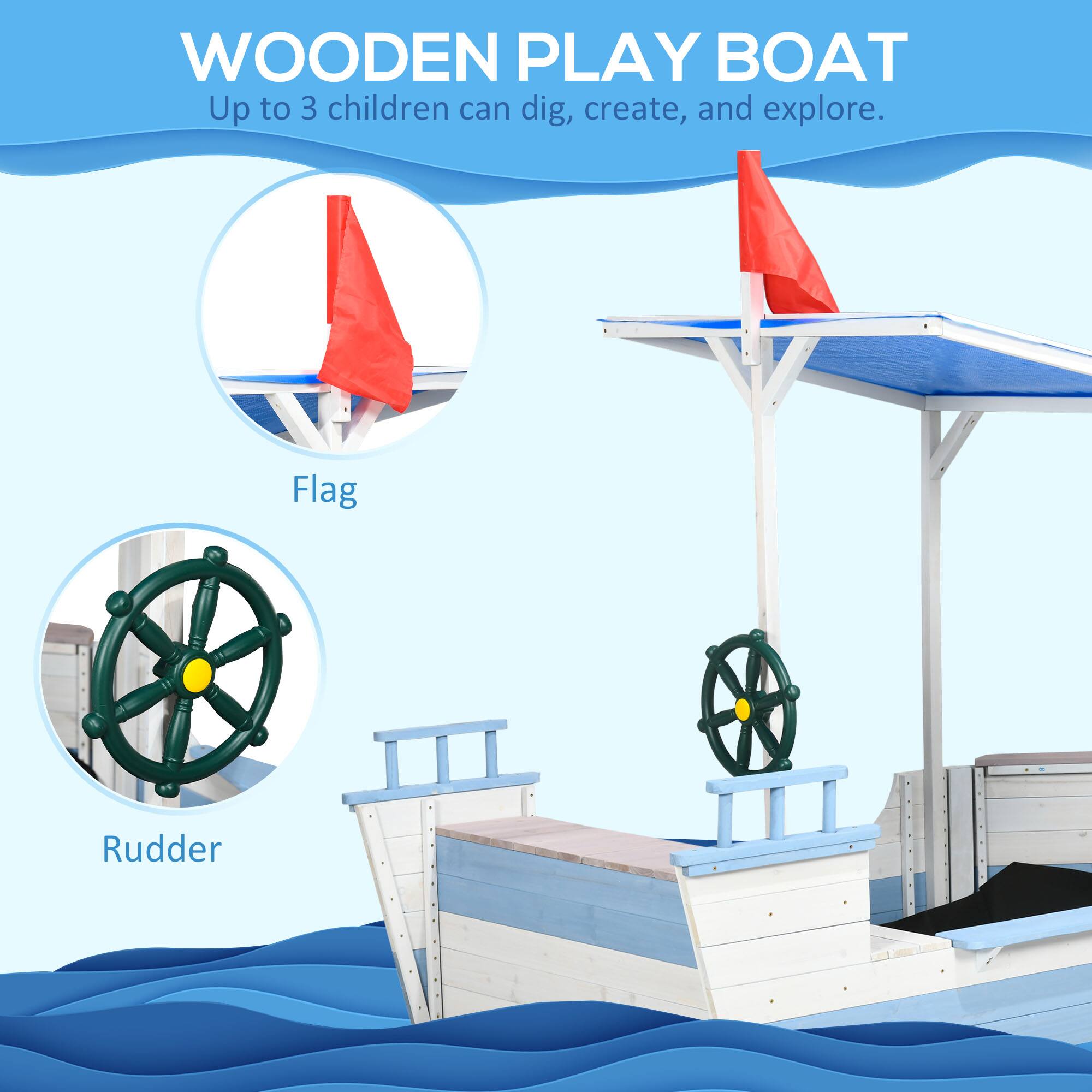 WOODEN PLAY BOAT  
Up to 3 children can dig, create, and explore.  

Flag  
Rudder
