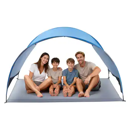 Front. VEVOR - Beach Tent Sun Shelter for 4 Person, UPF 50+ Protection, Portable Sun Shade Canopy with Carrying Bag & Ground Stakes - Blue + Grey.