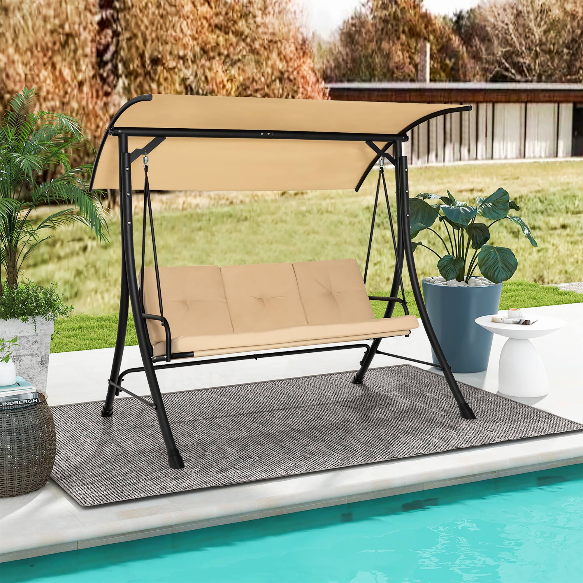 Alt View 7. Gymax - Gymax 3 Person Patio Porch Swing Outdoor Swing Chair w/ Cushions & Adjustable Canopy - Beige.