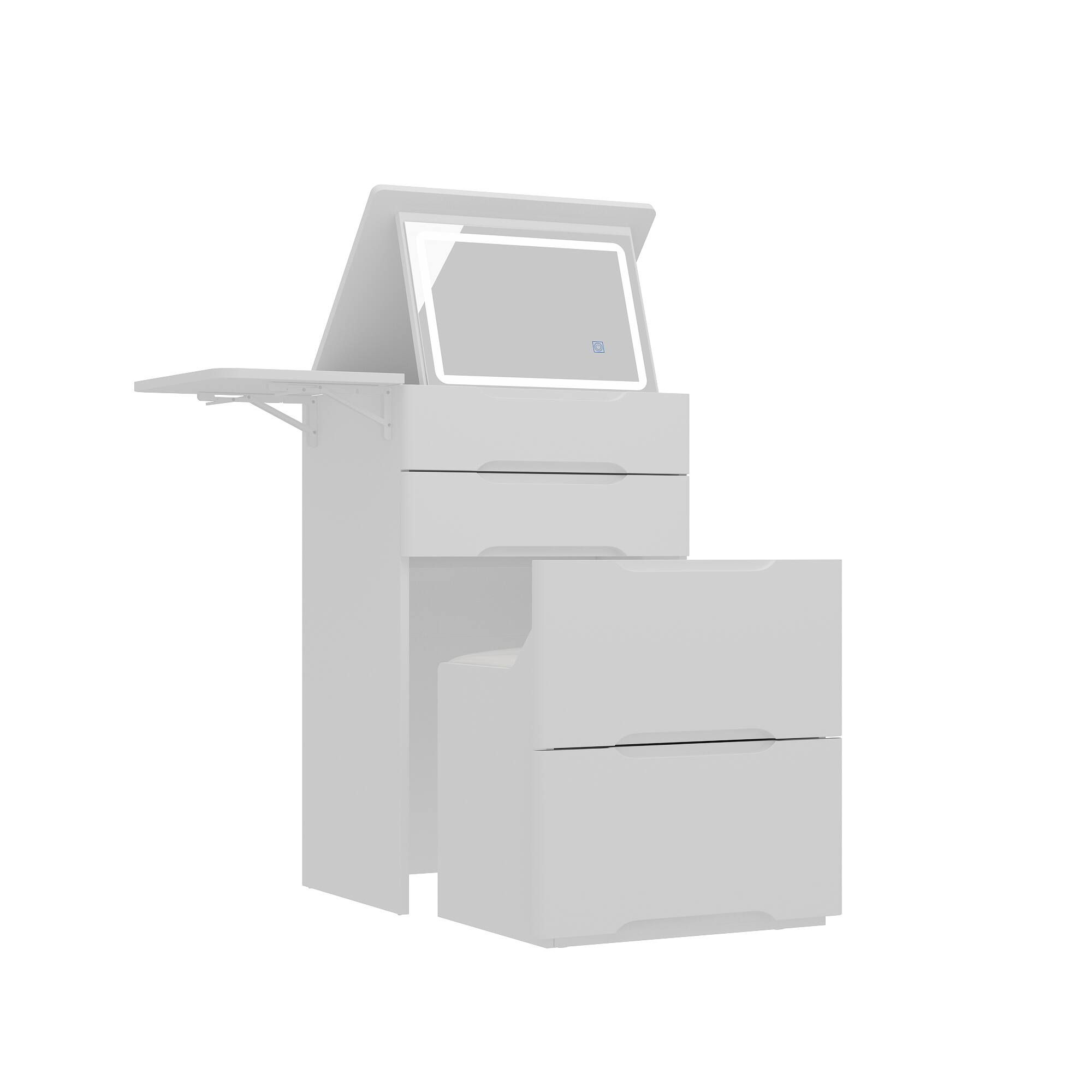 Angle. Famapy - Vanity Table with LED Mirror, Makeup Vanity with Storage, 3-in-1 Small Space Dressing Table for Bedroom - White.