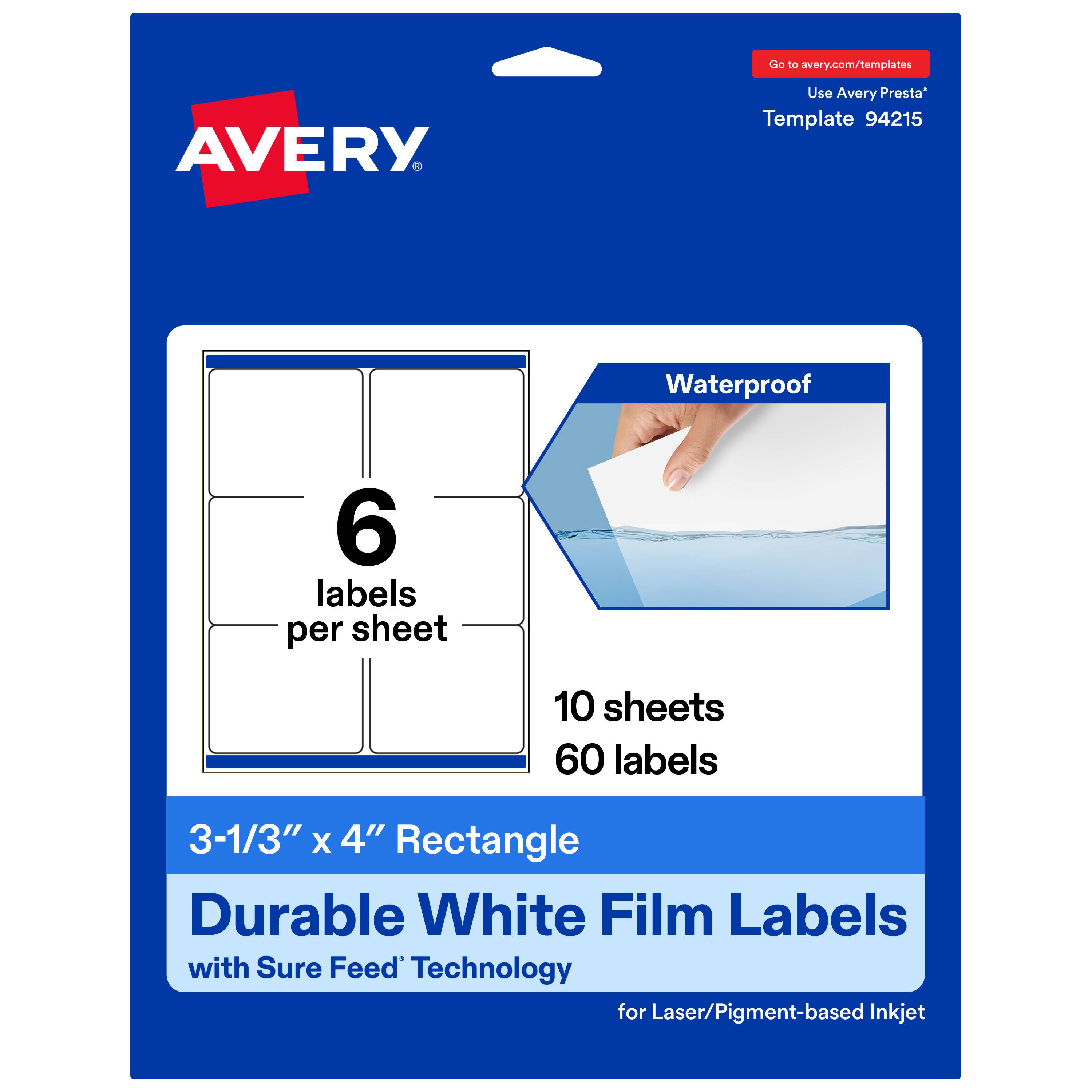 Go to avery.com/templates  
Use Avery Presta™ Template 94215  

Waterproof  
6 labels per sheet  
10 sheets  
60 labels  

3-1/3" x 4" Rectangle  
Durable White Film Labels  
with Sure Feed™ Technology  
for Laser/Pigment-based Inkjet