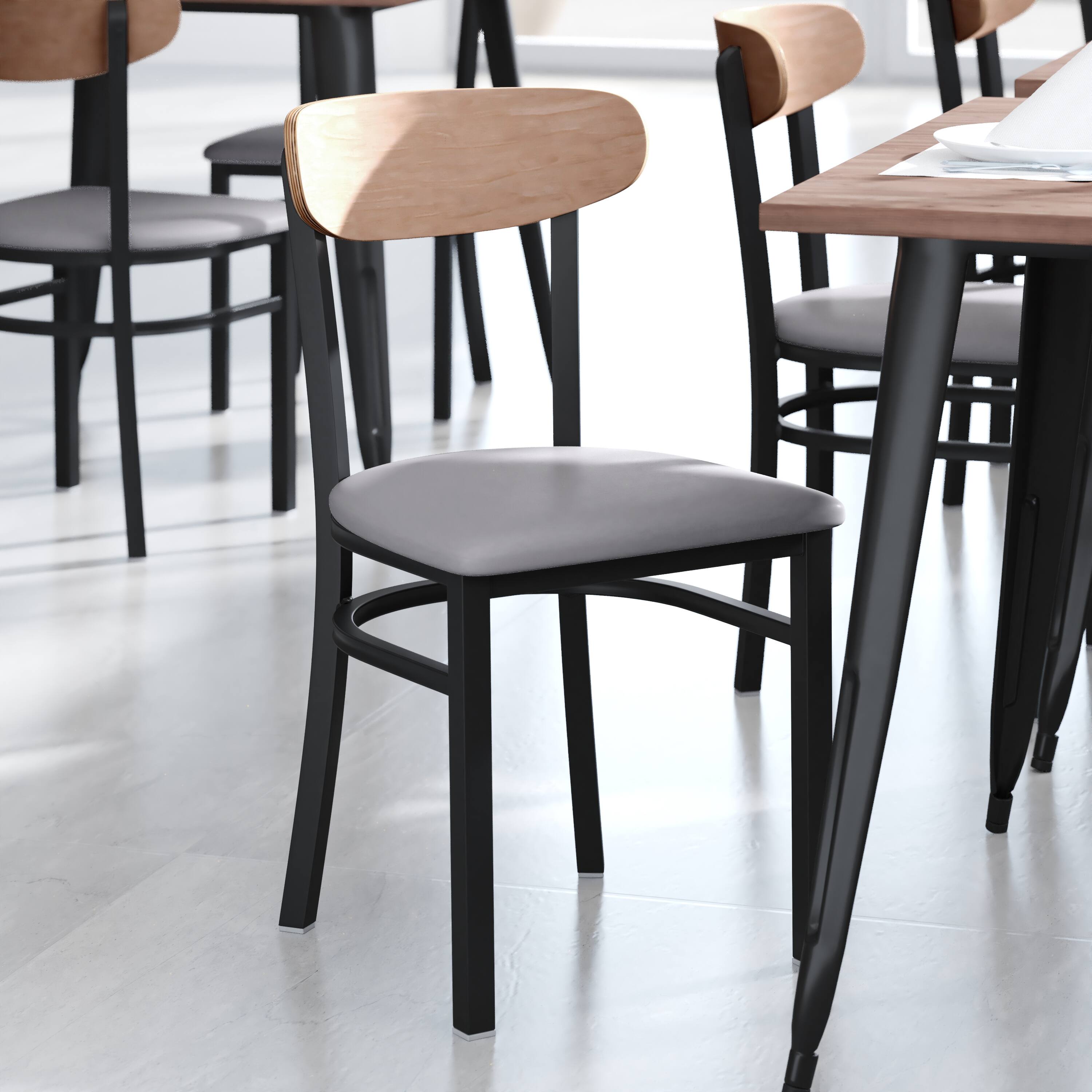 Alt View 1. Emma + Oliver - Yara Industrial Dining Chair with Rolled Steel Frame and Solid Wood Seat - 500 lbs. Static Weight Capacity - Natural Birch Wood Back/Gray Vinyl Seat.