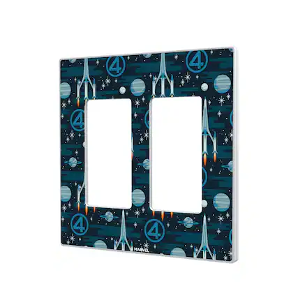 Front. Keyscaper - Marvel Pattern Hidden-Screw Light Switch Plate - Double Rocker - Fantastic Four.