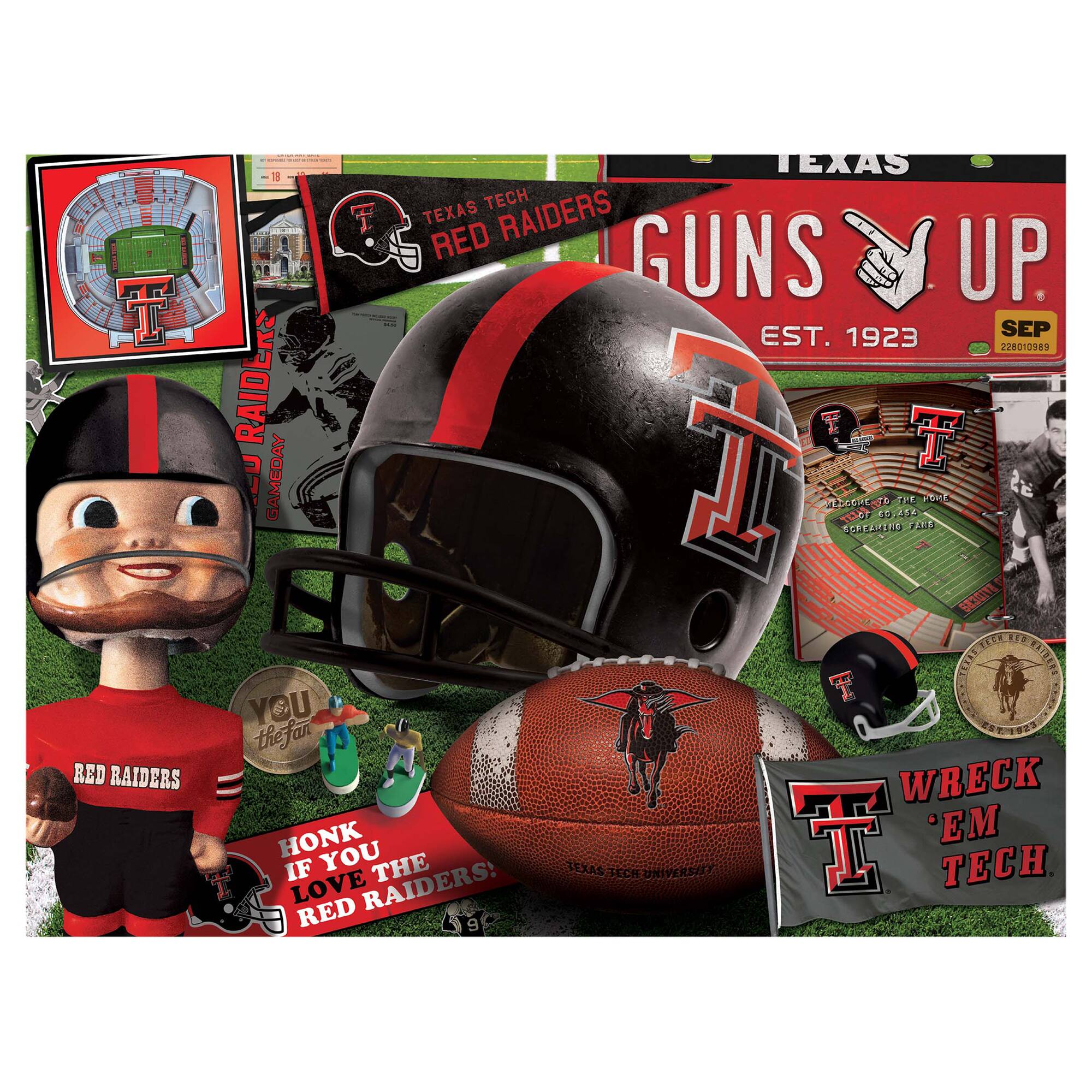 Sure, here is the corrected and grouped text from the image:

---

**Top Left:**
- Texas Tech
- Red Raiders
- Est. 1923
- 228010989

**Top Center:**
- Texas Tech Red Raiders
- Guns Up
- Est. 1923
- Sep

**Top Right:**
- Welcome to the Home of the Red Raiders
- 806-742-2000
- Texas Tech University

**Middle Left:**
- Texas Tech
- Game Day

**Middle Center:**
- You the Fan

**Middle Right:**
- Wreck 'em Tech

**Bottom Left:**
- Red Raiders
- Honk if you love the Red Raiders!

**Bottom Center:**
- Texas Tech University

**Bottom Right:**
- Texas Tech University

---

This text is grouped based on its location in the image.