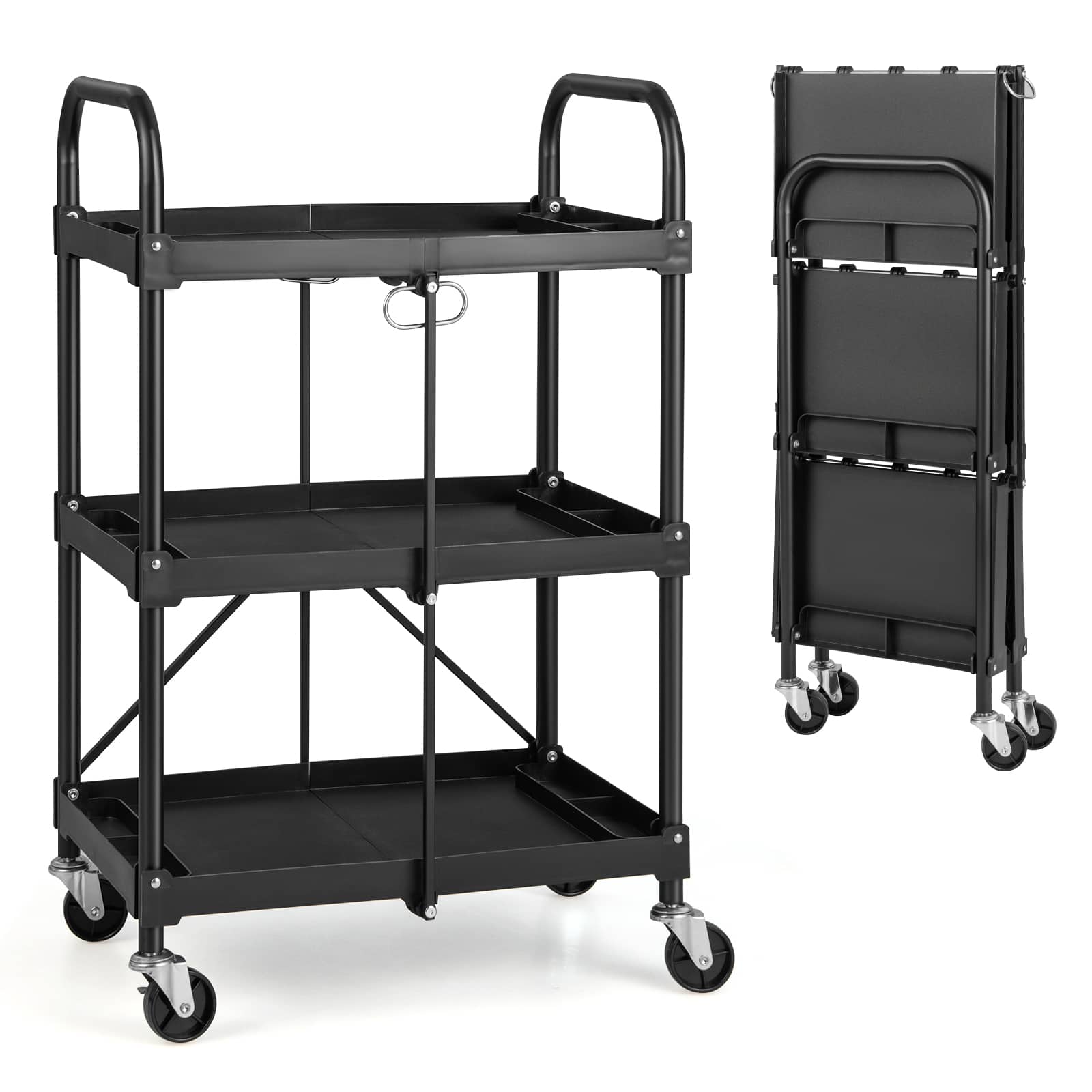 Front. Costway - Costway Folding Collapsible Service Cart Heavy-Duty 3-Shelf Tool Cart with 4 Wheels - Black.