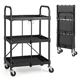 Costway - Folding Collapsible Service Cart Heavy-Duty 3-Shelf Tool Cart with 4 Wheels - Black