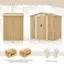 The image features a large wooden shed with a 130 cu. ft. large capacity. The shed is 4.6' x 6.4" in size and can be assembled in 2.7' x 5' x 6' sections. The product is shipped in two boxes, which may arrive at different times. Additionally, a pair of gloves is included with the purchase.
