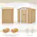 The image features a large wooden shed with a 130 cu. ft. large capacity. The shed is 4.6' x 6.4" in size and can be assembled in 2.7' x 5' x 6' sections. The product is shipped in two boxes, which may arrive at different times. Additionally, a pair of gloves is included with the purchase.