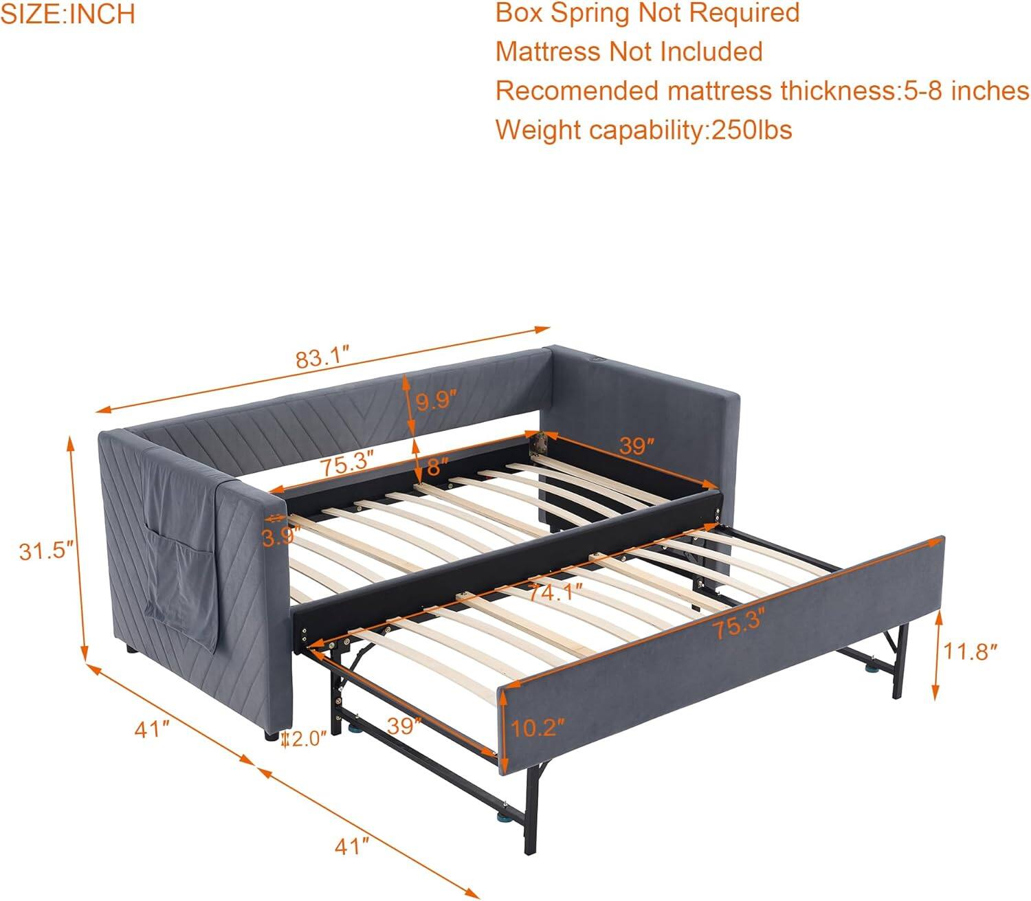 **SIZE: INCH**

- Box Spring Not Required
- Mattress Not Included
- Recommended mattress thickness: 5-8 inches
- Weight capability: 250lbs

**Dimensions:**
- Length: 83.1"
- Width: 75.3"
- Height: 11.8"
- Depth: 39"
- Headboard Height: 39"
- Headboard Depth: 31.5"
- Footboard Height: 10.2"
- Footboard Depth: 41"
- Side Rail Height: 19.9"
- Side Rail Depth: 3.9"
- Slats: 75.3" x 8" (10 slats)
- Slat Spacing: 7.4"