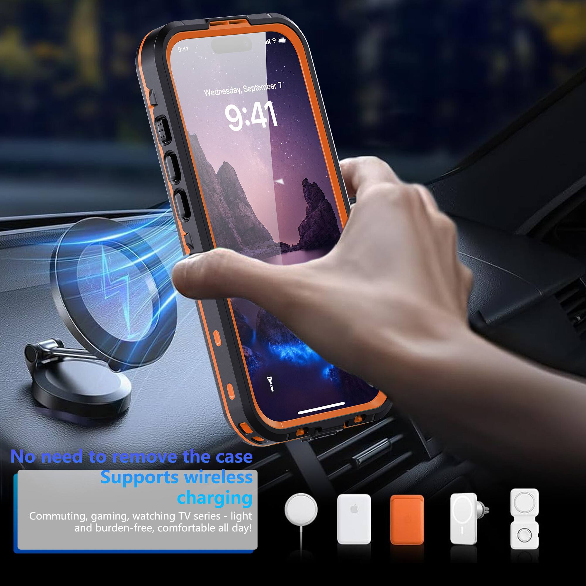 9:41  
A September 1 Wednesday, 9:41  
I No need to remove the case  
Supports wireless charging  
Commuting, gaming, watching TV series - light and burden-free, comfortable all day!