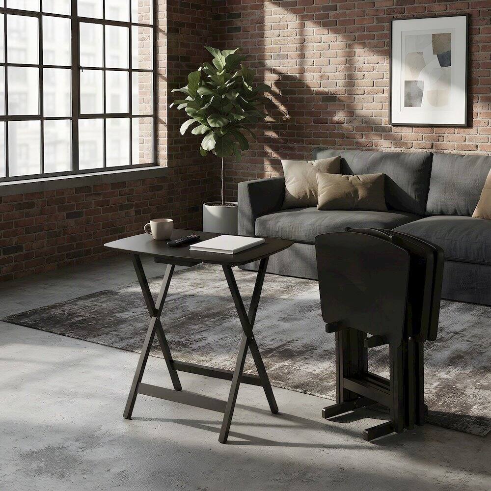 Alt View 2. FurniFact - Solid Wood Fan-Shape Snack Tray Table Set of 5 - Coffee.