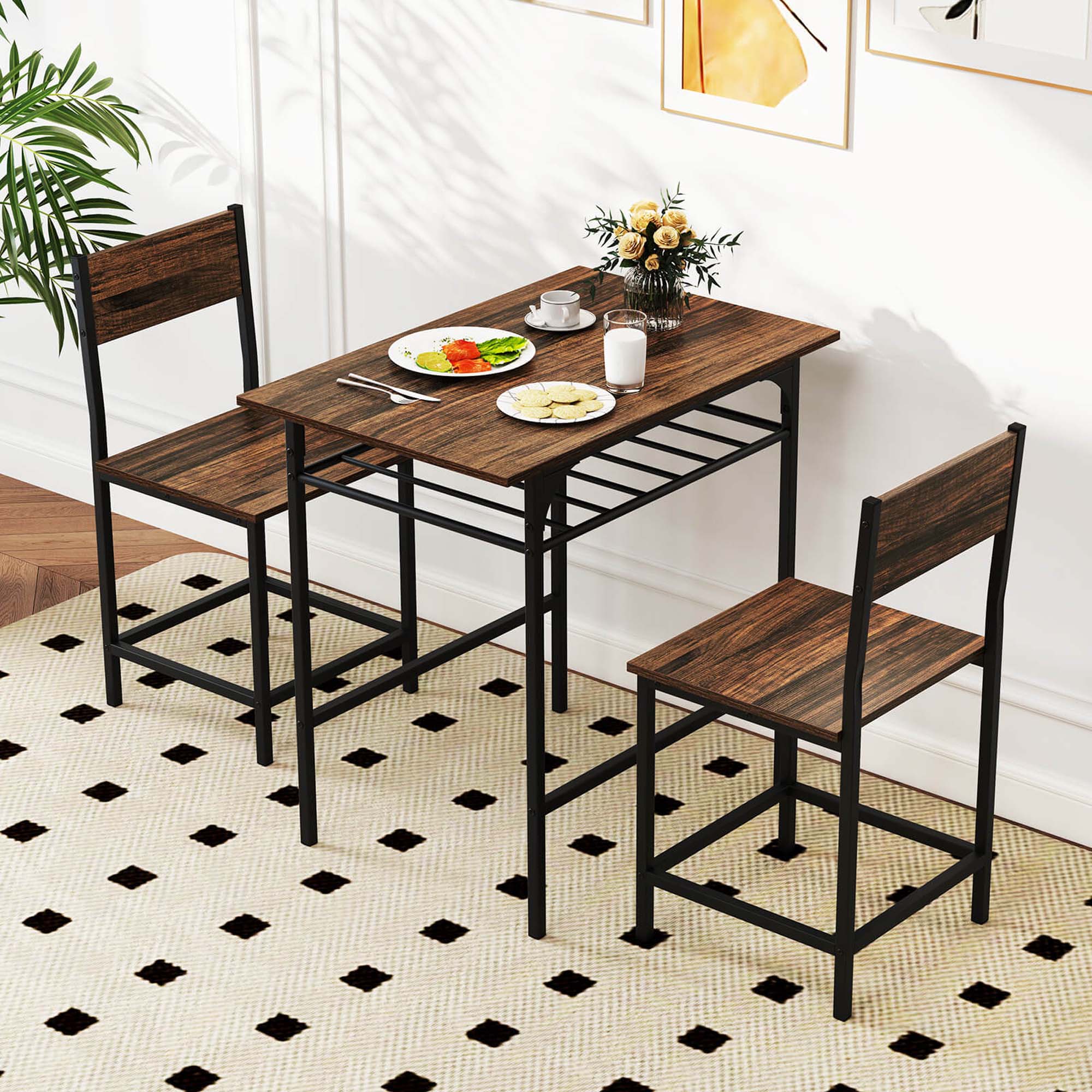 Alt View 3. Costway - Costway 3-Piece Wood Rectangular Table & Chair Set Dining Table Set with Metal Frame - Brown.