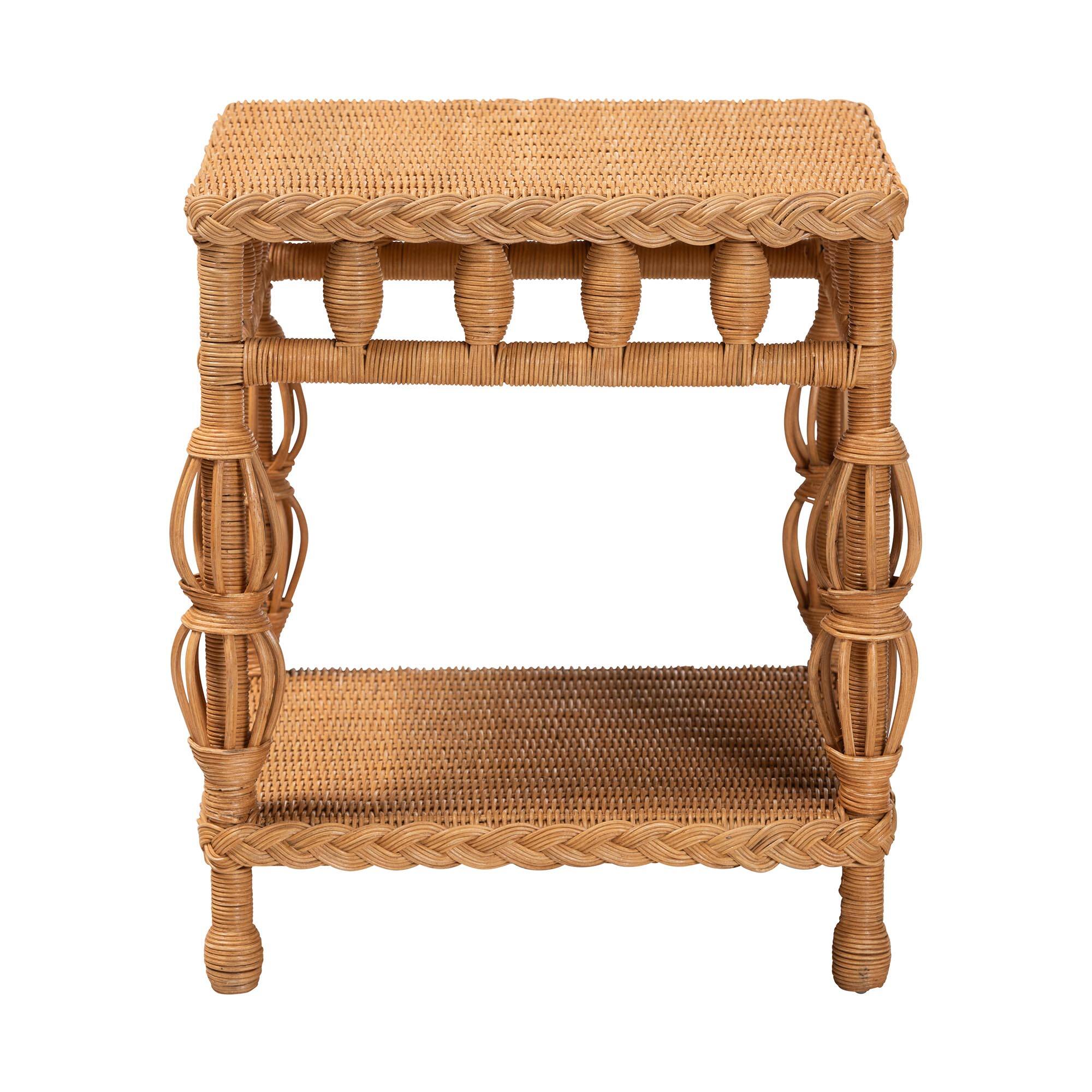 Angle. bali & pari - Dolby Natural Rattan End Table - Handwoven Wicker Side Table with Lower Shelf, Coastal Boho Style Accent Table - Light Honey.