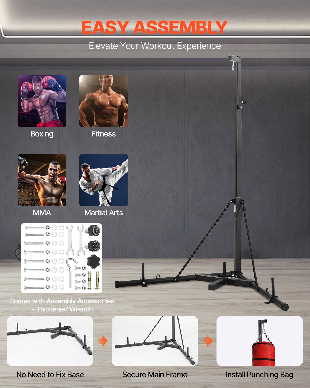 EASY ASSEMBLY Elevate Your Workout Experience

Boxing Fitness MMA Martial Arts

Comes with Assembly Accessories - Thickened Wrench

No Need to Fix Base

Secure Main Frame

Install Punching Bag