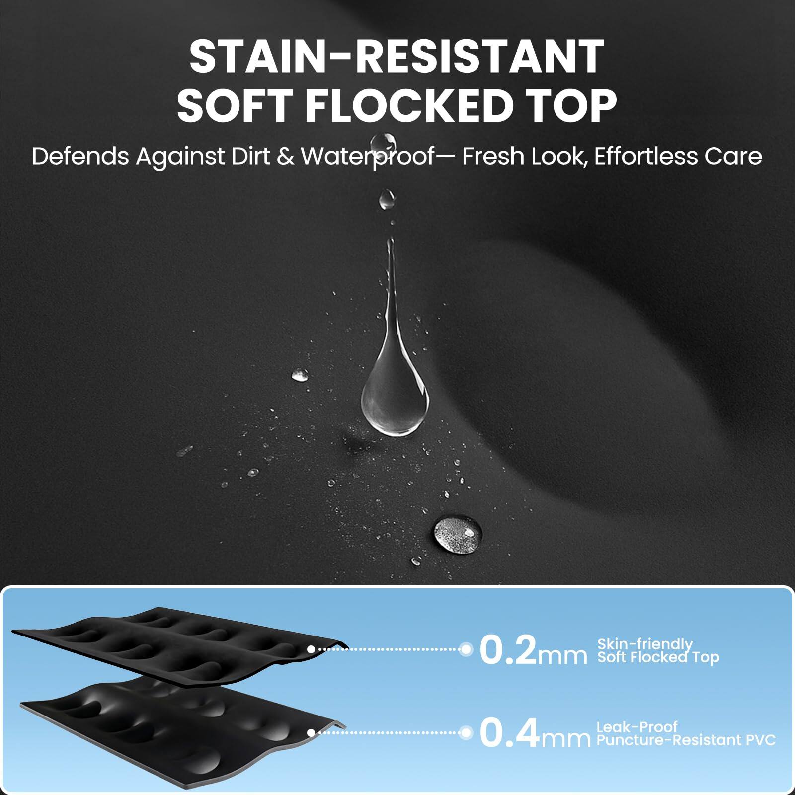 STAIN-RESISTANT SOFT FLOCKED TOP  
Defends Against Dirt & Waterproof—Fresh Look, Effortless Care  

0.2mm Skin-friendly Soft Flocked Top  
0.4mm Leak-Proof Puncture-Resistant PVC