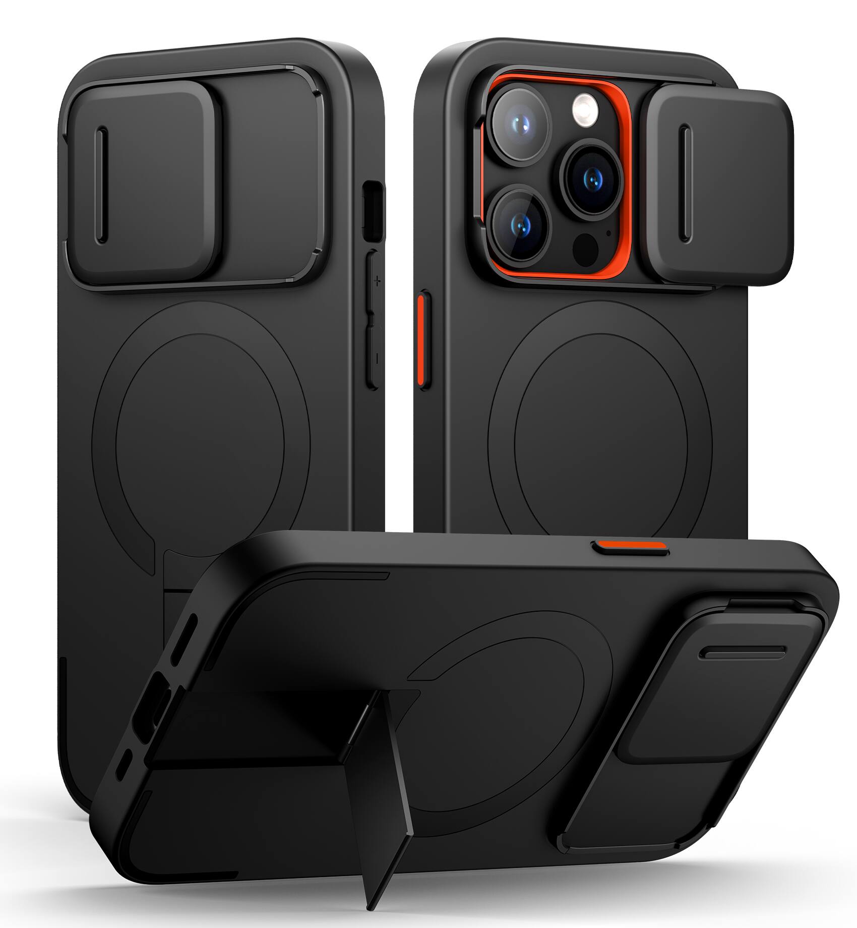 Angle. SURITCH - Bumper Case for iPhone 14 Pro with Camera Cover, Kickstand, Compatible with MagSafe, Shockproof Slim Protective Cover - Aurora Black.