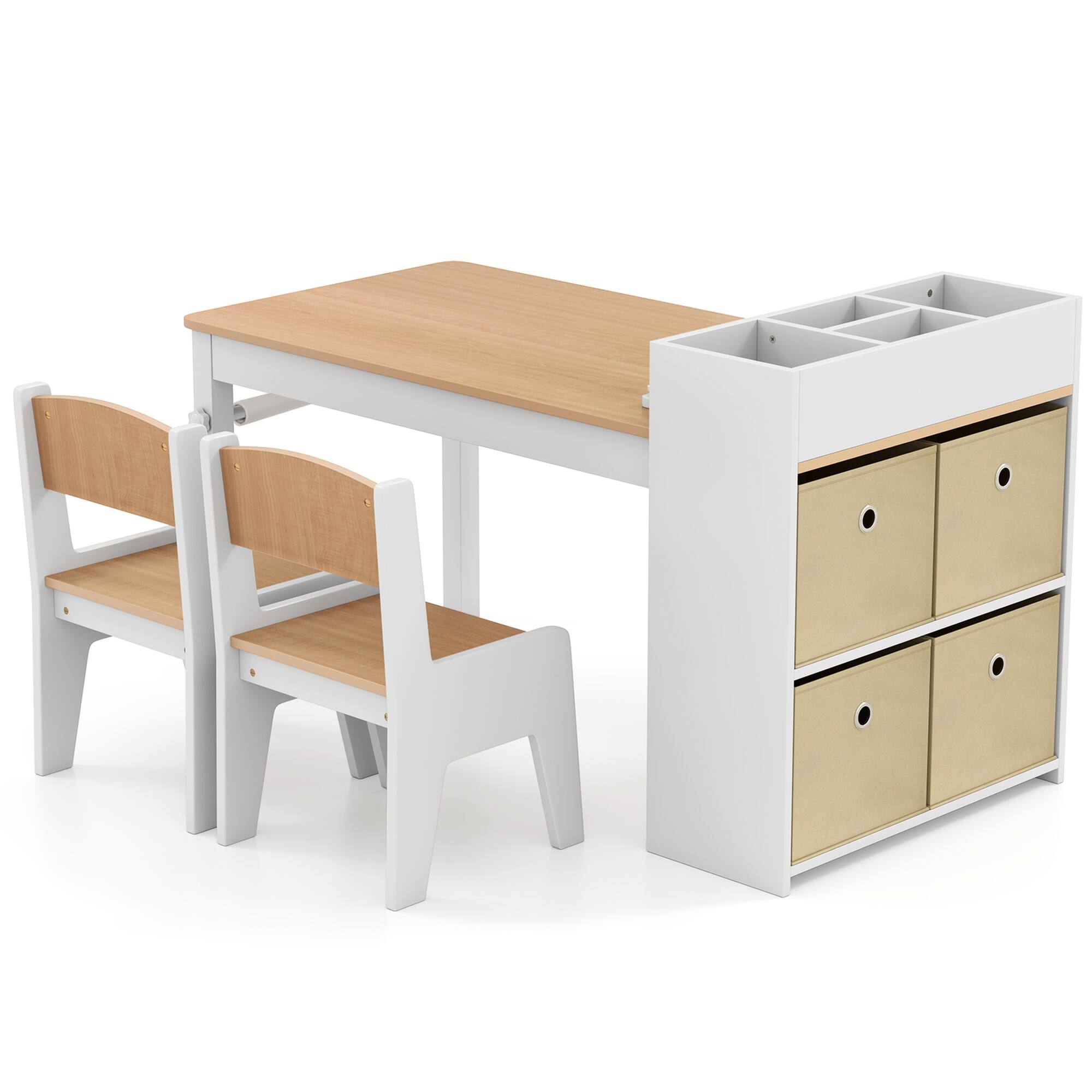 Angle. Costway - Costway Kids Art Table & Chairs Set with Paper Roll Wooden Craft Study Desk Active Play Natural - Natural.