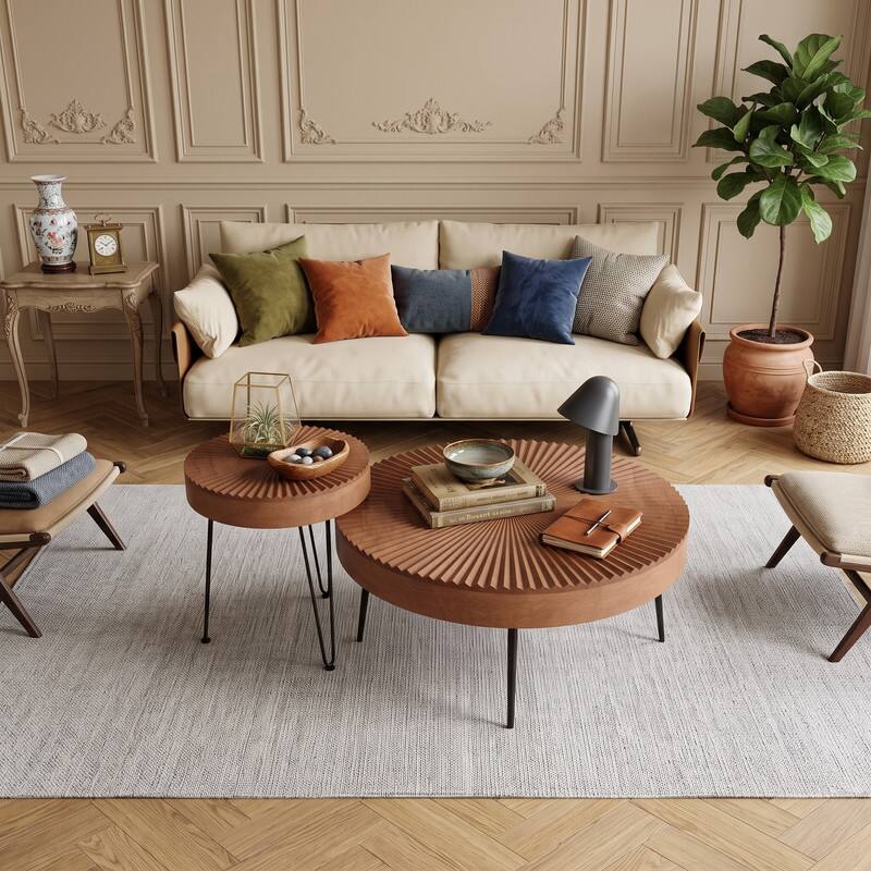 Alt View 5. WELLFOR - Set of 2 Boho Round Coffee Table with Metal Legs, Mid-Century Nesting Coffee Table with Solid Pine Wood Top - Brown.